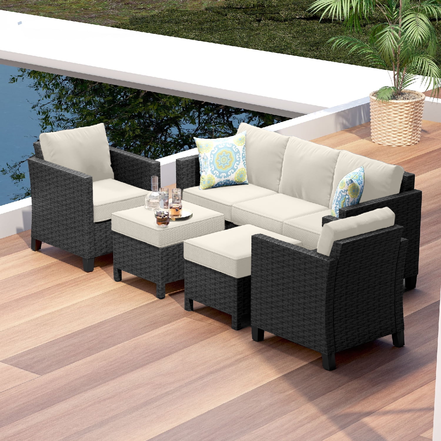 Hearth & Harbor 5 - Piece Outdoor Patio Furniture Set, Wicker Patio Conversation Set, Sectional Sofa, Black/Off White