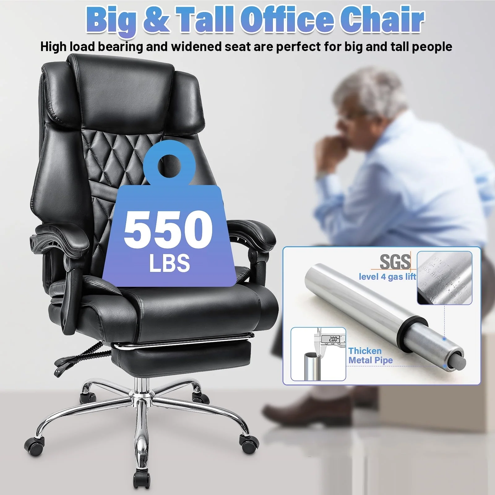Hoffree Big & Tall Executive Office Chair 550 lb, 8 Hours Heavy Duty Design, Ergonomic High Back Cushion Lumbar Back Support, Wide Seat Executive Leather Chair Computer Chair for Big - Boned People