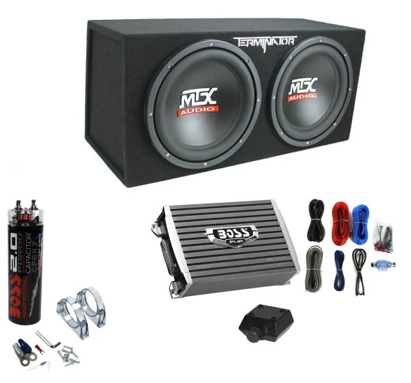MTX Terminator Dual 12-Inch Loaded Subwoofer Enclosure with 1500W Monoblock Amplifier & 2-Farad Capacitor Kit