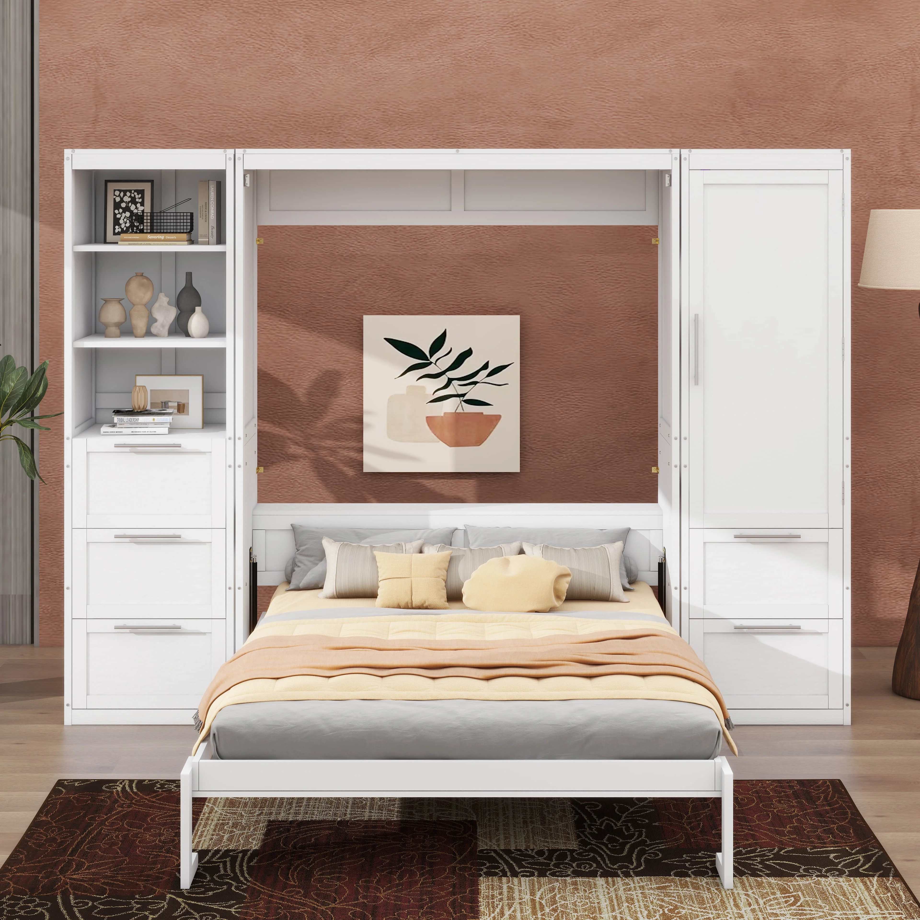 Queen Size Gray Murphy Bed Wall Bed with Closet,Drawers and Shelves(White) - Image 2