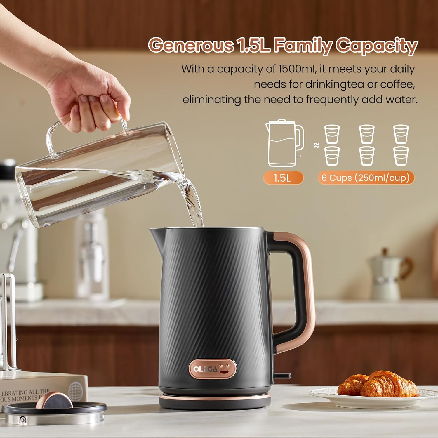 OLEGA Electric Tea Kettle: 1200W Fast Boil Electric Water Kettles 1.5L