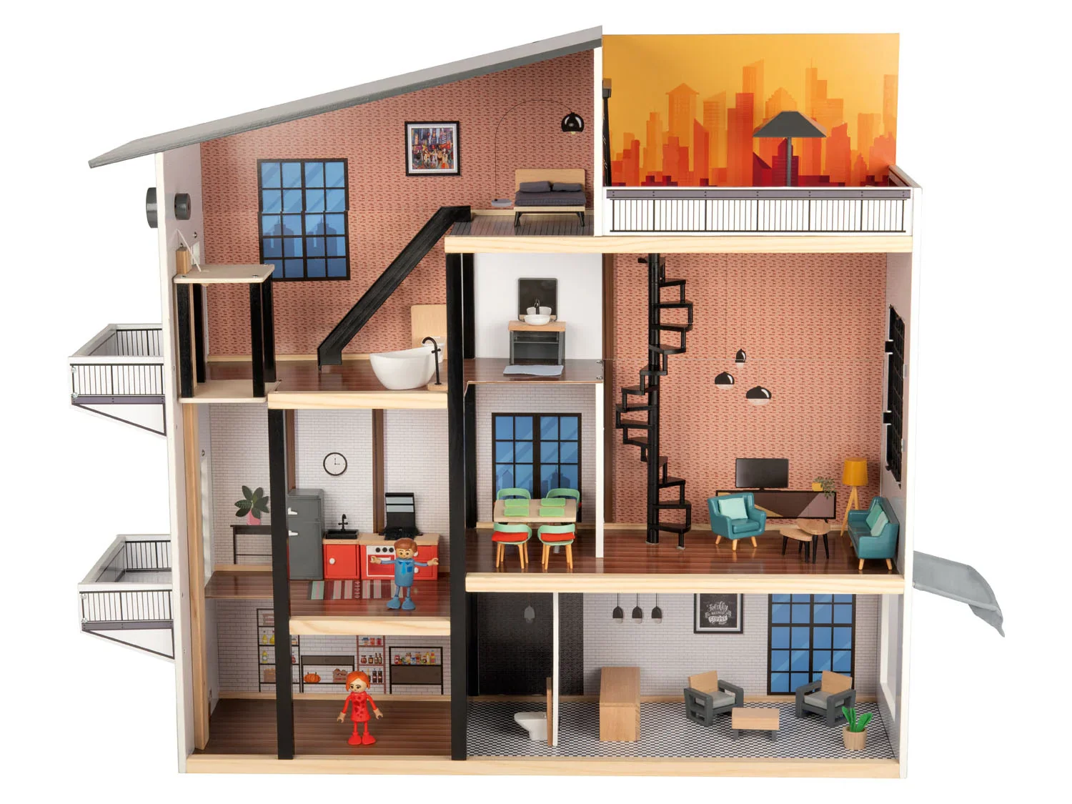Playtive Maison de poupe XXL en bois, 54 pices