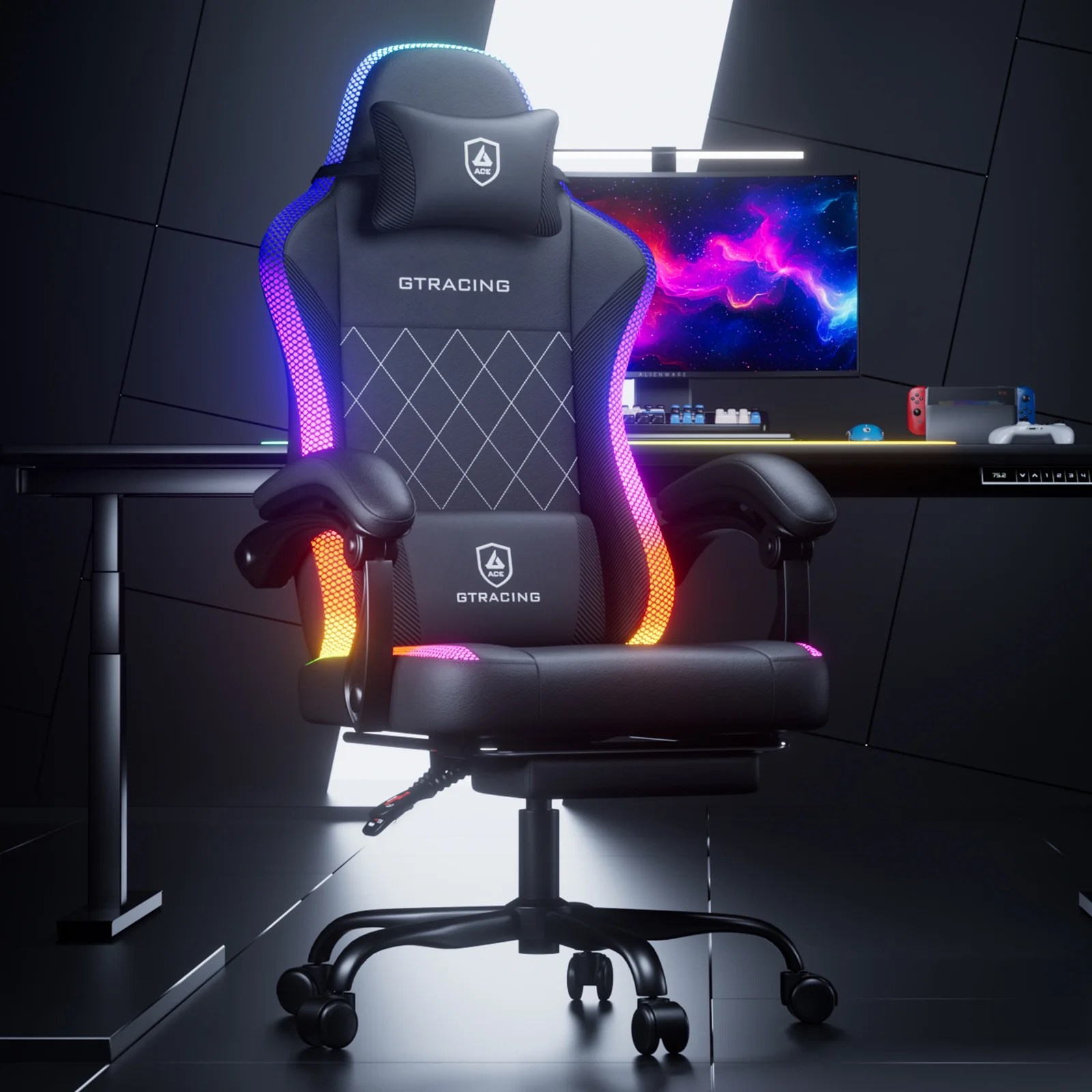 RGB Ergonomic Gaming Chair with Massage, LED Lights, Footrest, Lumbar Support and Backrest, Black - Image 5