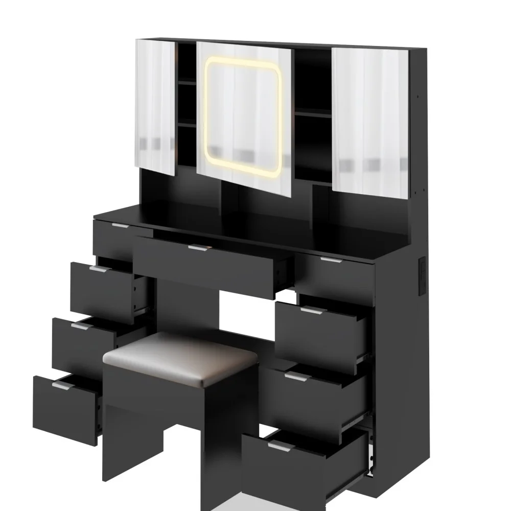 Vanity Desk Set with Large LED Lighted Mirror Power Outlet, Makeup Dressing Table with 9 Drawers and 3 Cabinets in Mirrored Doors, 47" Vanity Table with Cushioned Stool for Bedroom, Black(Black) - Image 10