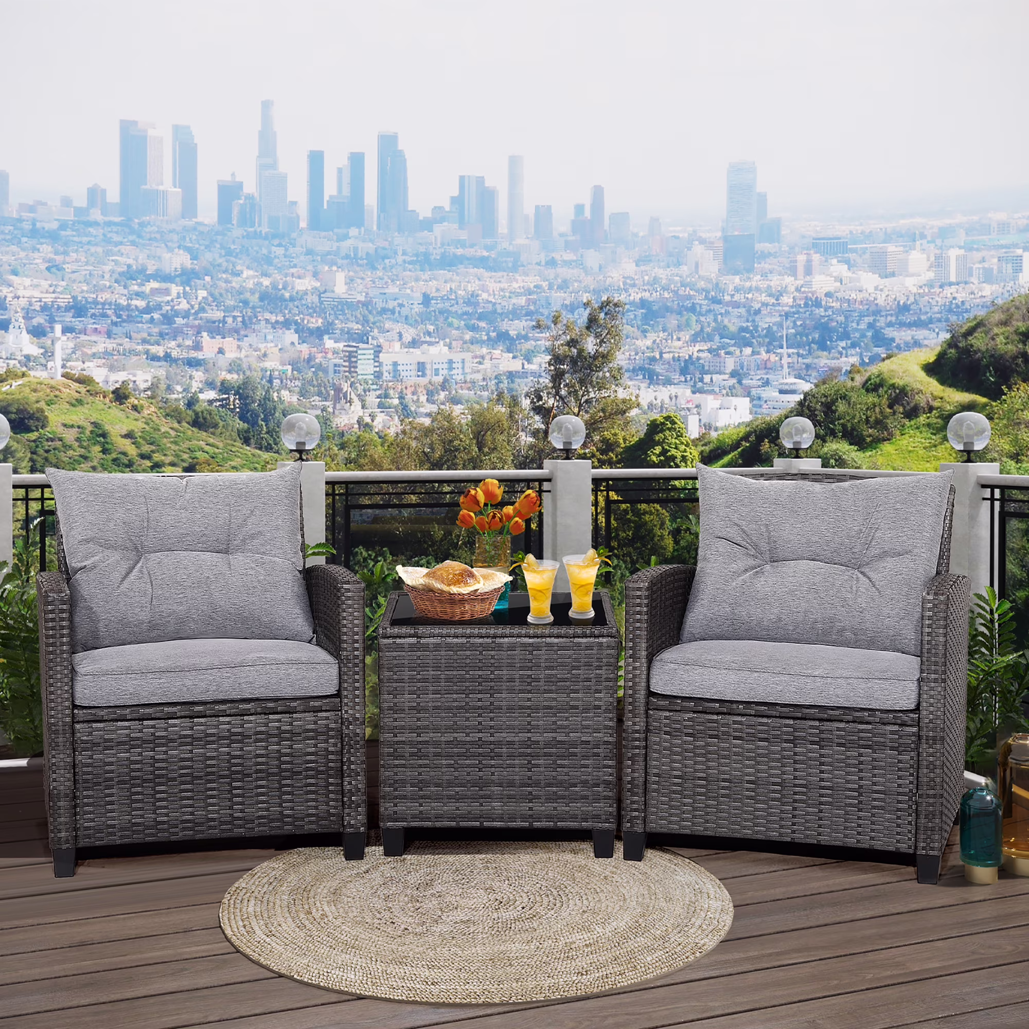 Gymax 3PCS Patio Rattan Sofa Set Outdoor Wicker Conversation Set Glass Tabletop W/ Grey Cushion