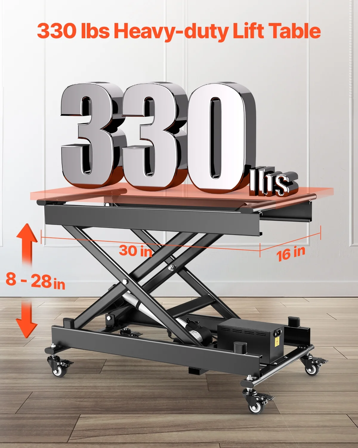 VEVOR Electric Lift Table, 330 lb Capacity Single Scissor Lift Table, 8 - 28 in Height Adjustable Lifting Platform, Coffee Table Lift with 4 Wheels, for Material Handling and Transportation, Black