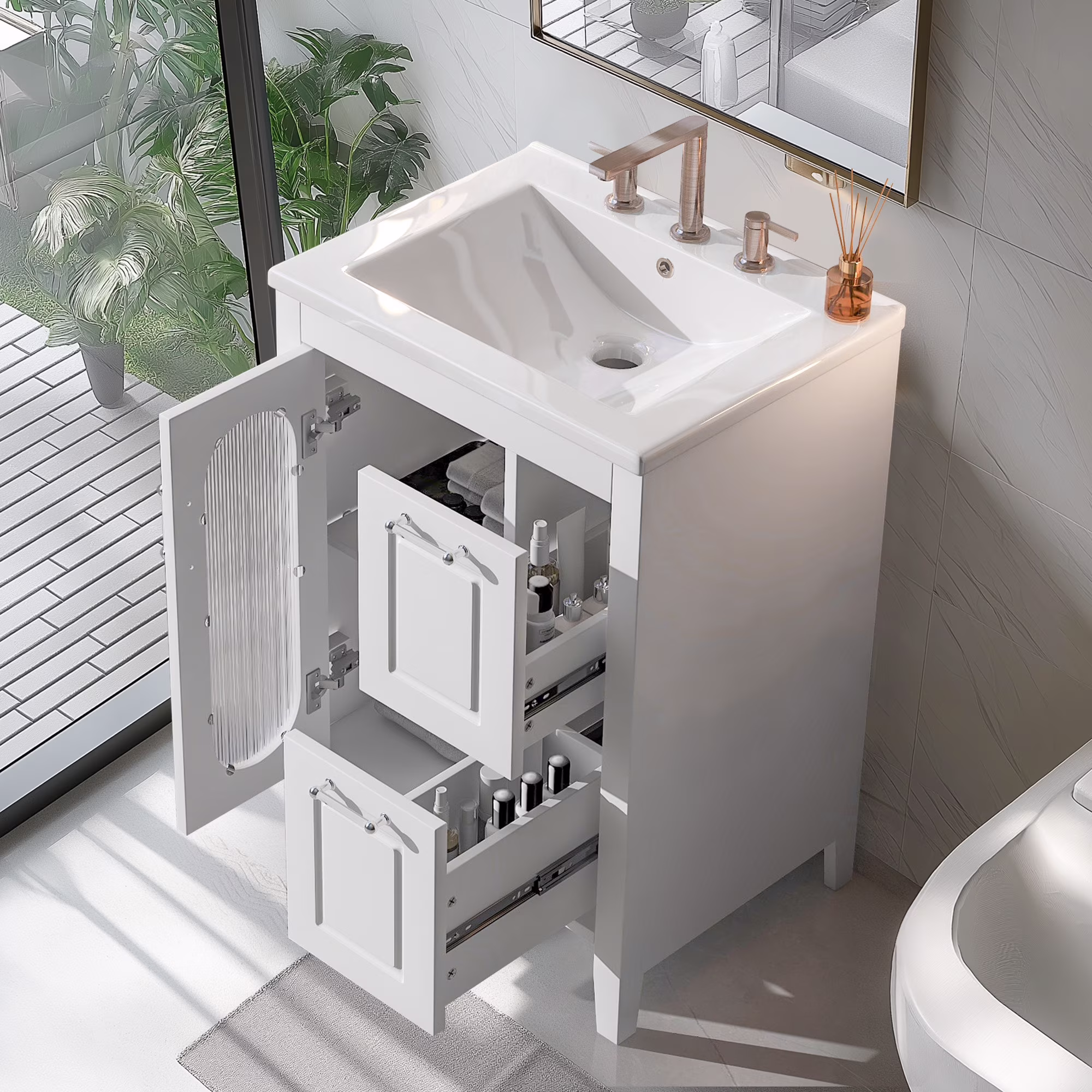 24" Bathroom Vanity with Ceramic Sink, Solid Wood Bathroom Makeup Cabinet with Door, Adjustable Shelf and 2 Drawer, Free Standing Single Basin Vanity Set for Small Bathroom, White(White)