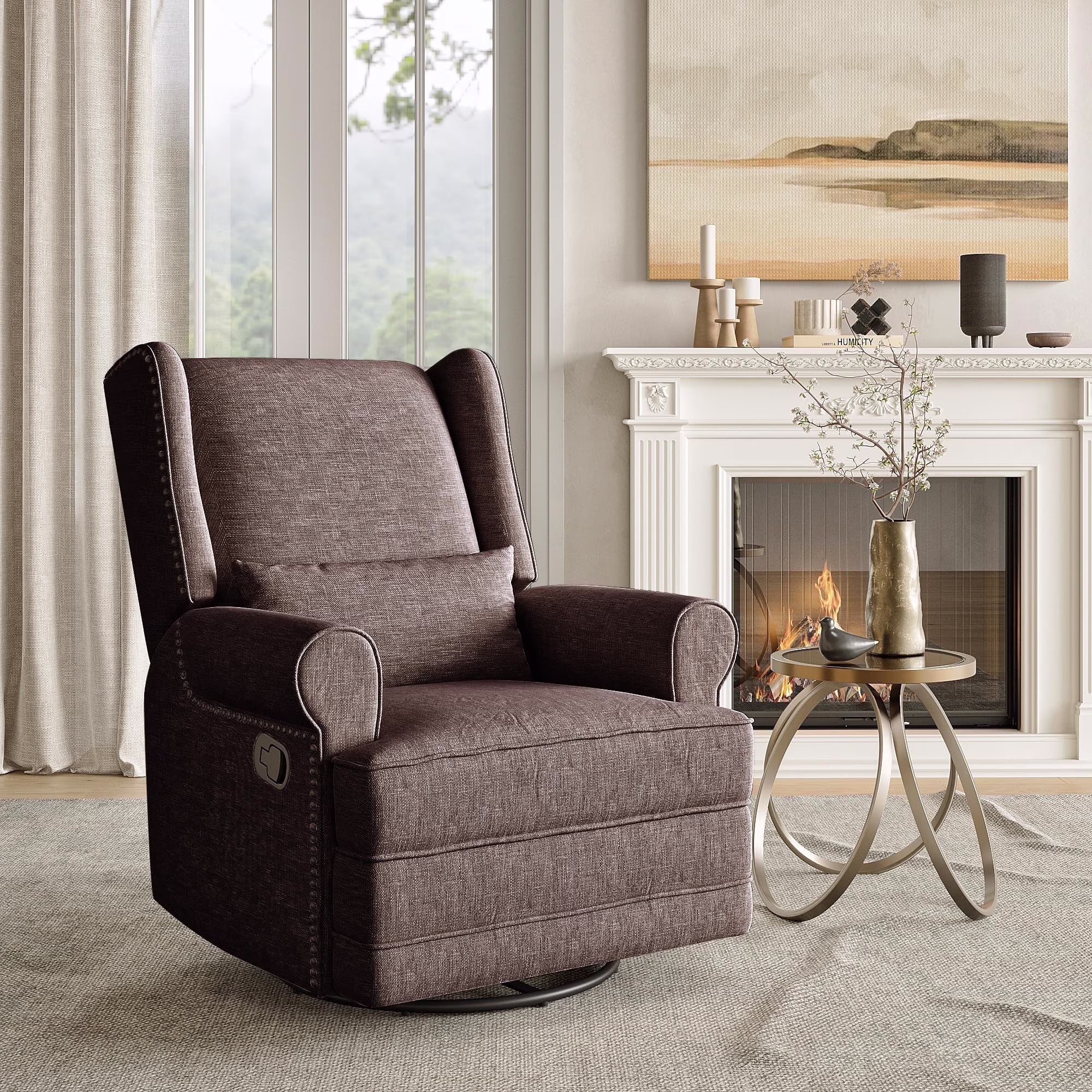 Swivel Nursery Glider Recliner, Comfy Upholstered Glider Chair with Lumbar Pillow and Footrest, Beige(Beige) - Image 7