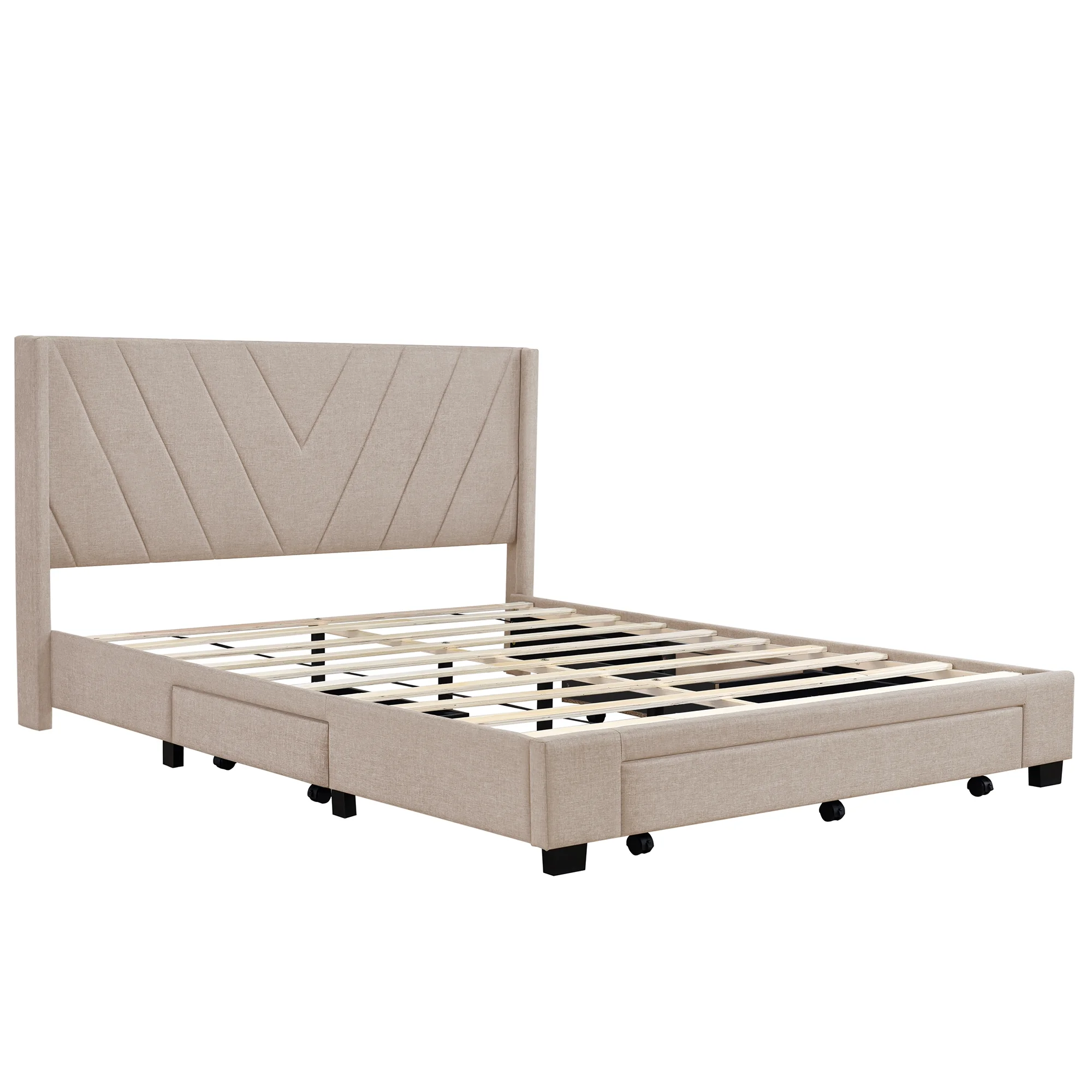 Queen Bed Frame with Storage, New Upgraded Linen Upholstered Platform Bed with 3 Drawers, Queen Size Storage Bed with Headboard and Wooden Slats, No Box Spring Needed, Holds 500lbs, Beige(White) - Image 9