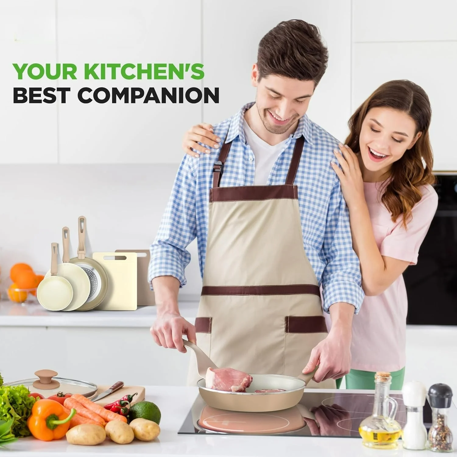 54 - Piece Kitchen Cookware Set - Complete Non - Stick Ceramic Pots and Pans Set with Utensils, Bakeware, and Knife Set, Gas, Electric & Induction Compatible, Blush Pink Kitchen Essentials
