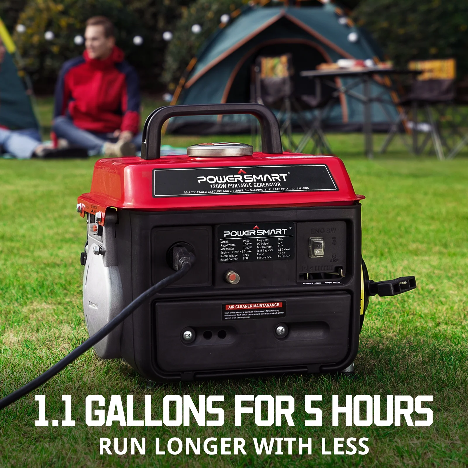 Powersmart 1200W Gas Fuel Generator Portable for Camping Outdoor, Low Noise with AC Outlet