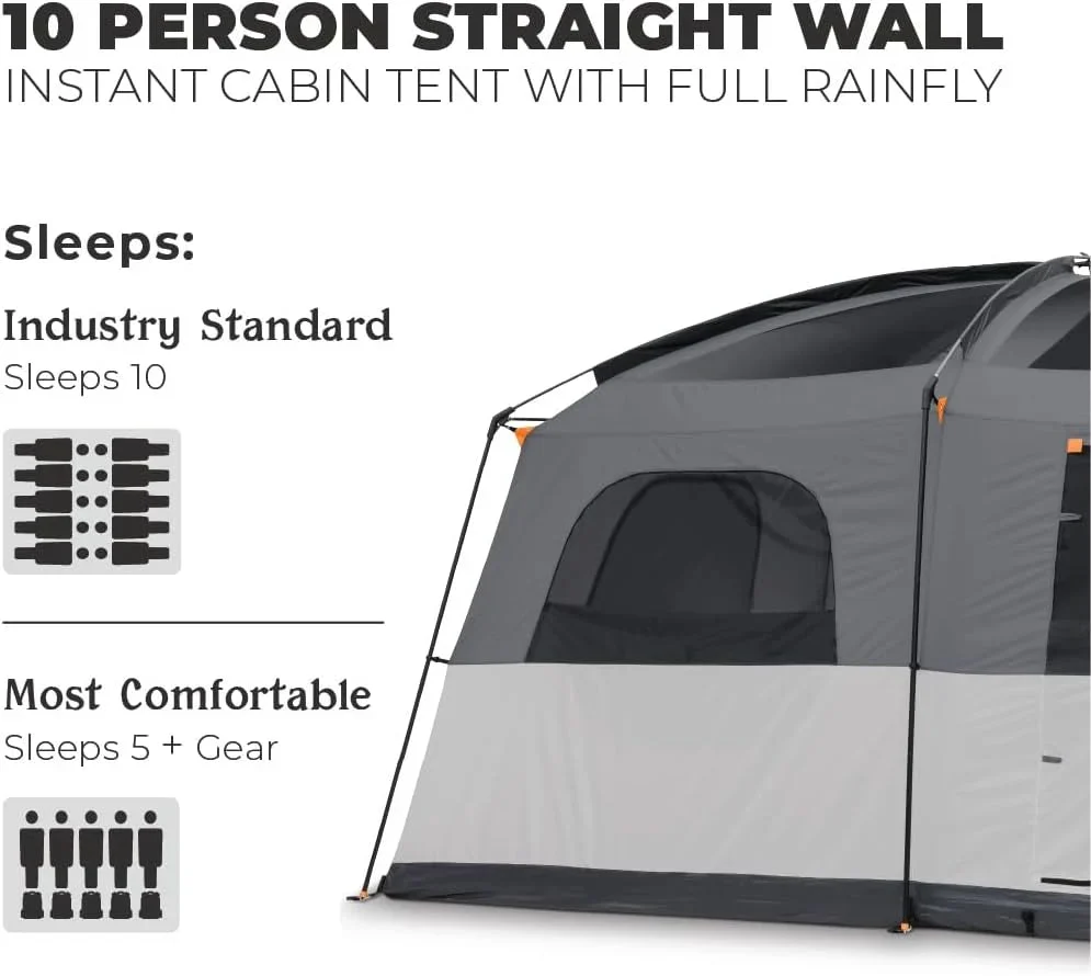 Straight Wall Cabin Tents | 10 Person / 11 Person / 12 Person Large Multi Room Family Tents for Car Camping & Outdoor Adventures