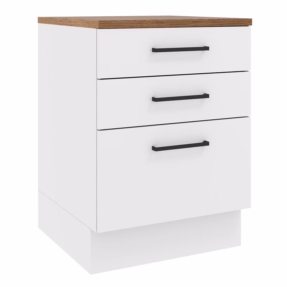 Madesa Hazel Kitchen Storage Base Cabinet with 3 Drawers 23 in Wide Engineered Wood Painted Finish Floor Mount Removable Plinth - White