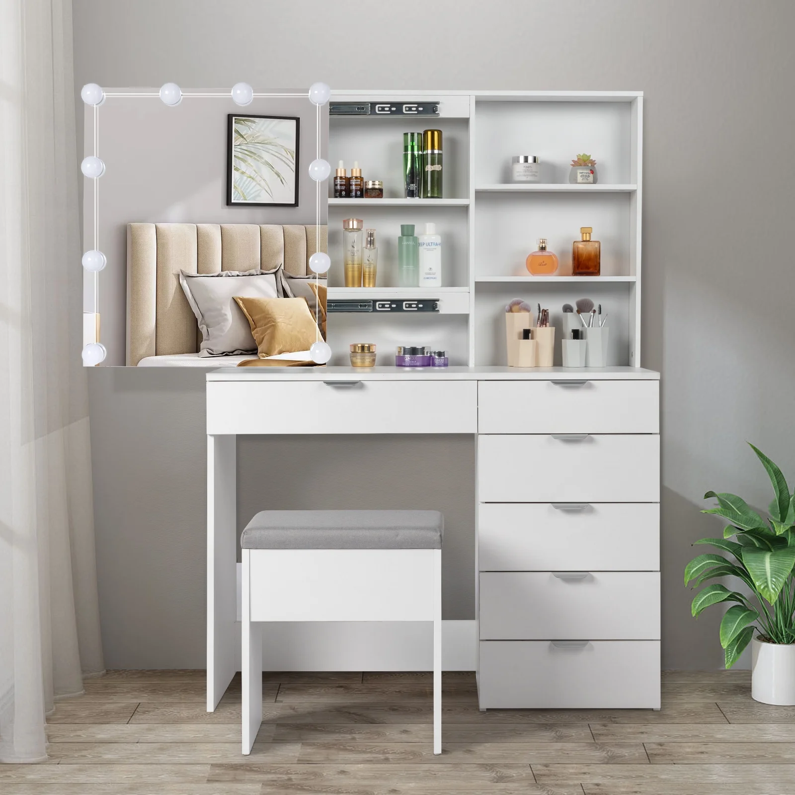 Vanity Set with 3 Color Lighted Mirror, Makeup Table with 6 Drawers, Dressing Table Makeup Desk with Stool,White(White) - Image 8