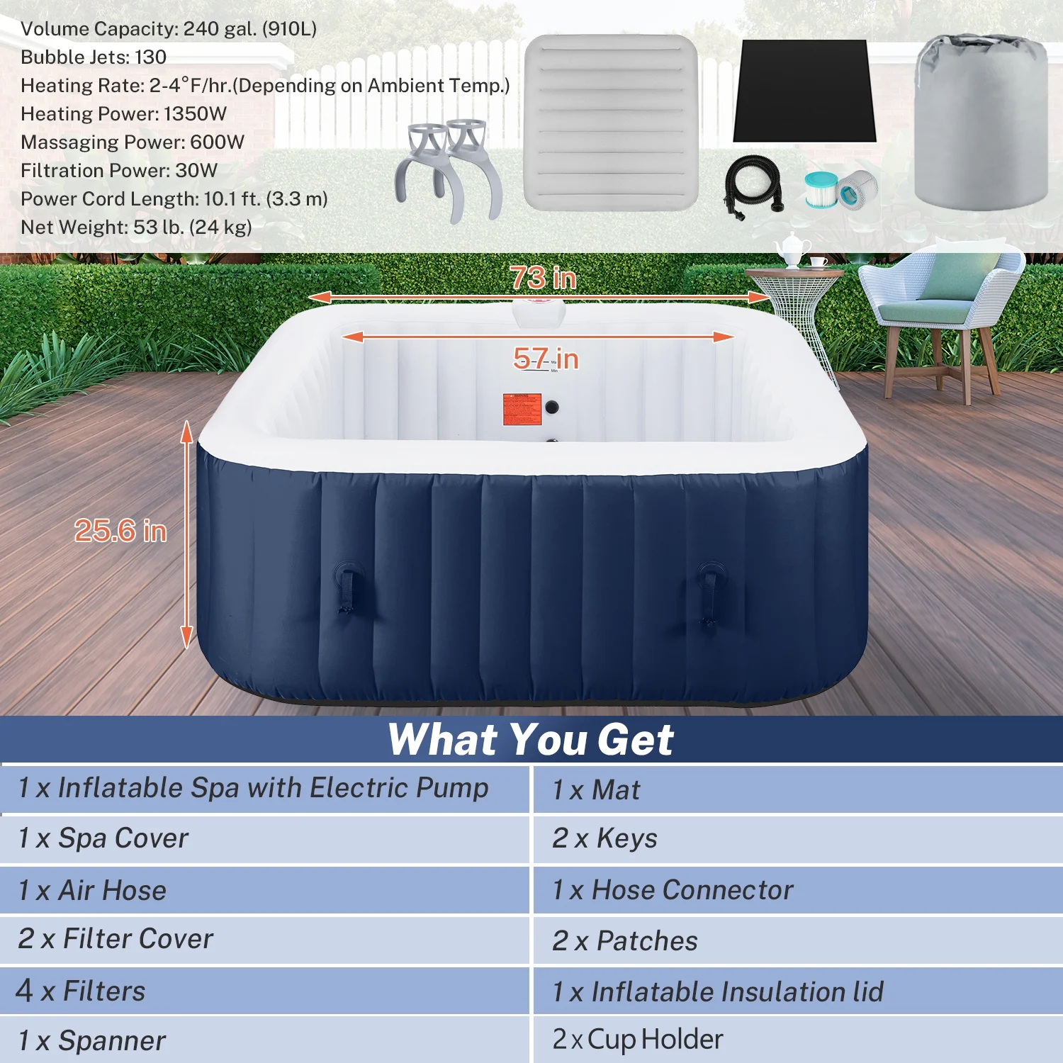 Hot Tub for 4-6 Person, Outdoor Patio Large Inflatable Hot Tub Home SPA, with 130pcs Massage Jets, 910L, 4 Filters, 2 Cup Holders, Lockable Cover, Storage Bag, Max 104�H, 73in, Navy(Navy) - Image 10