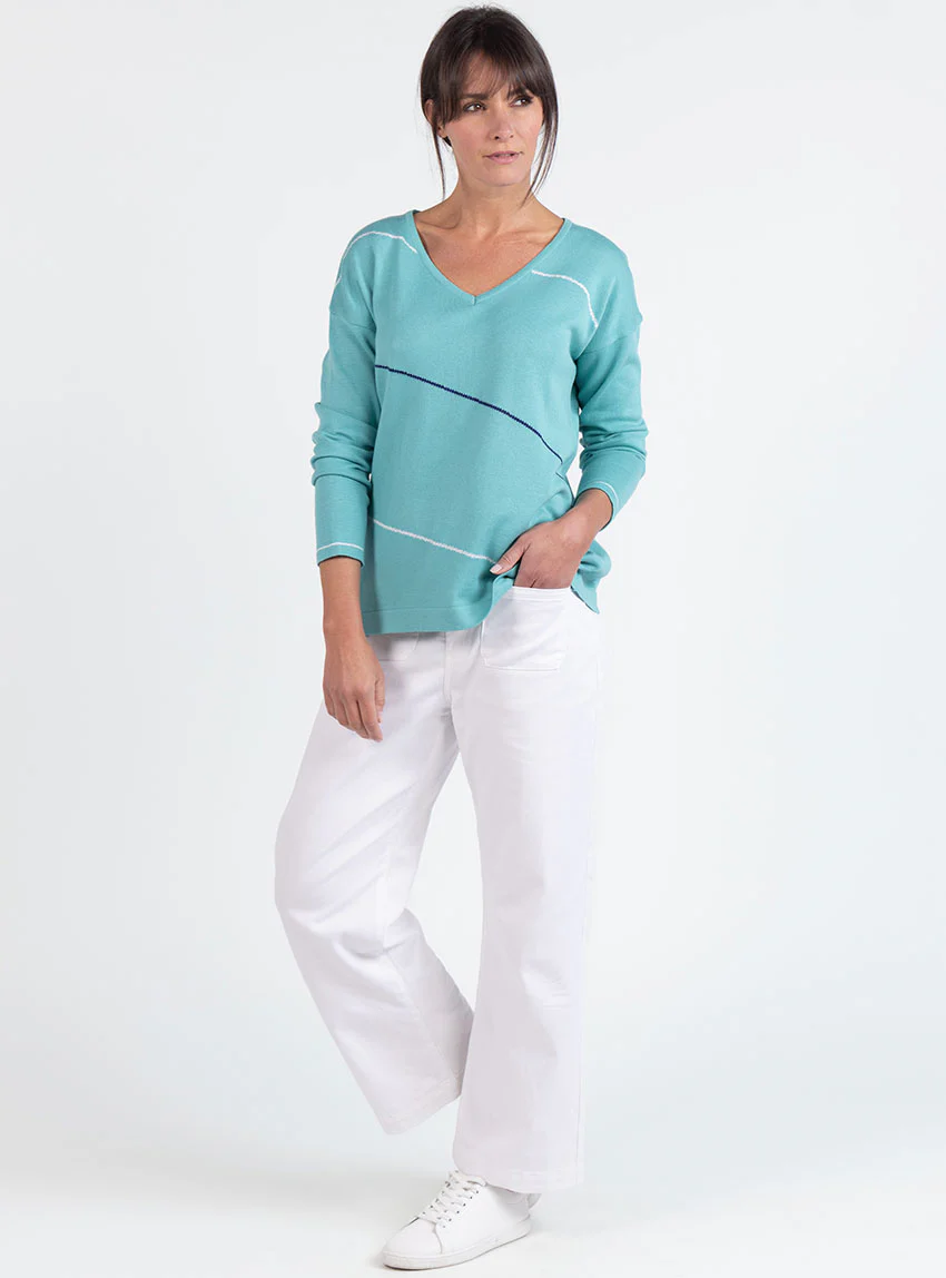 Pull femme col V en coton vert