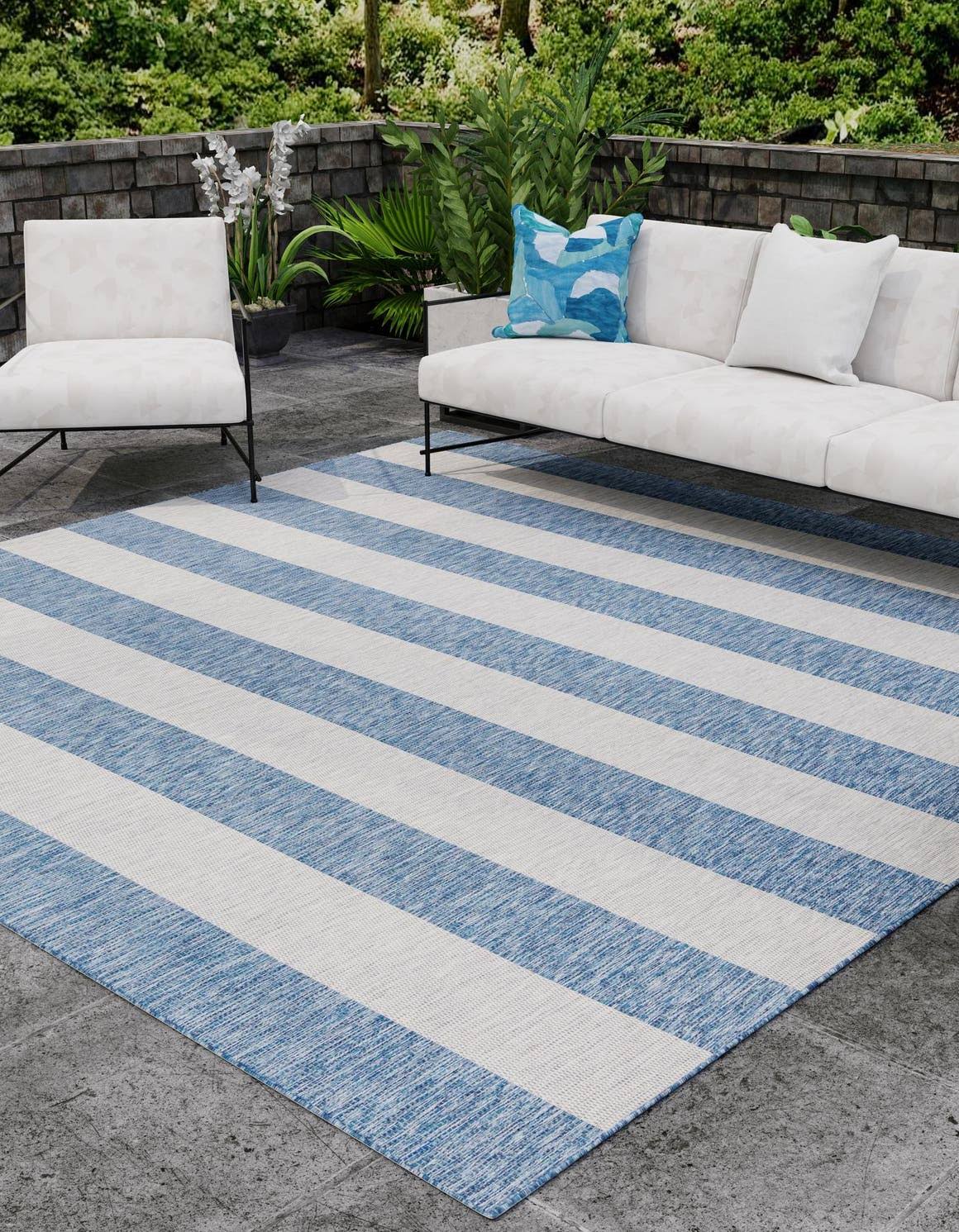 Outdoor Striped 11 ft Square Blue Area Rug Indoor Outdoor Rug