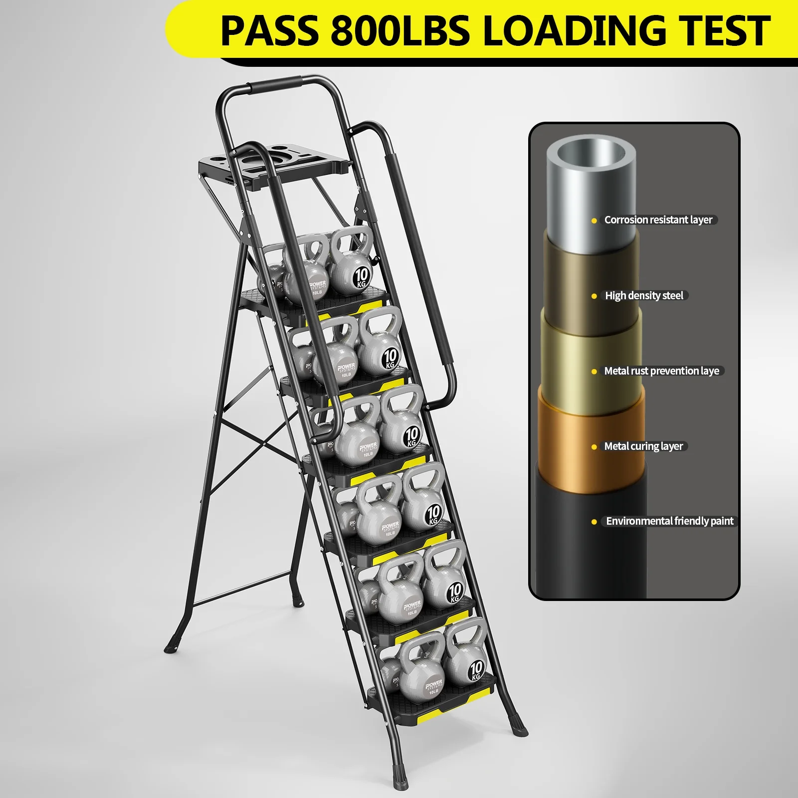 6 Step Ladder, Metal Ladder with Tool PlatformHandrails, 800 lbs Capacity, Black - Image 9