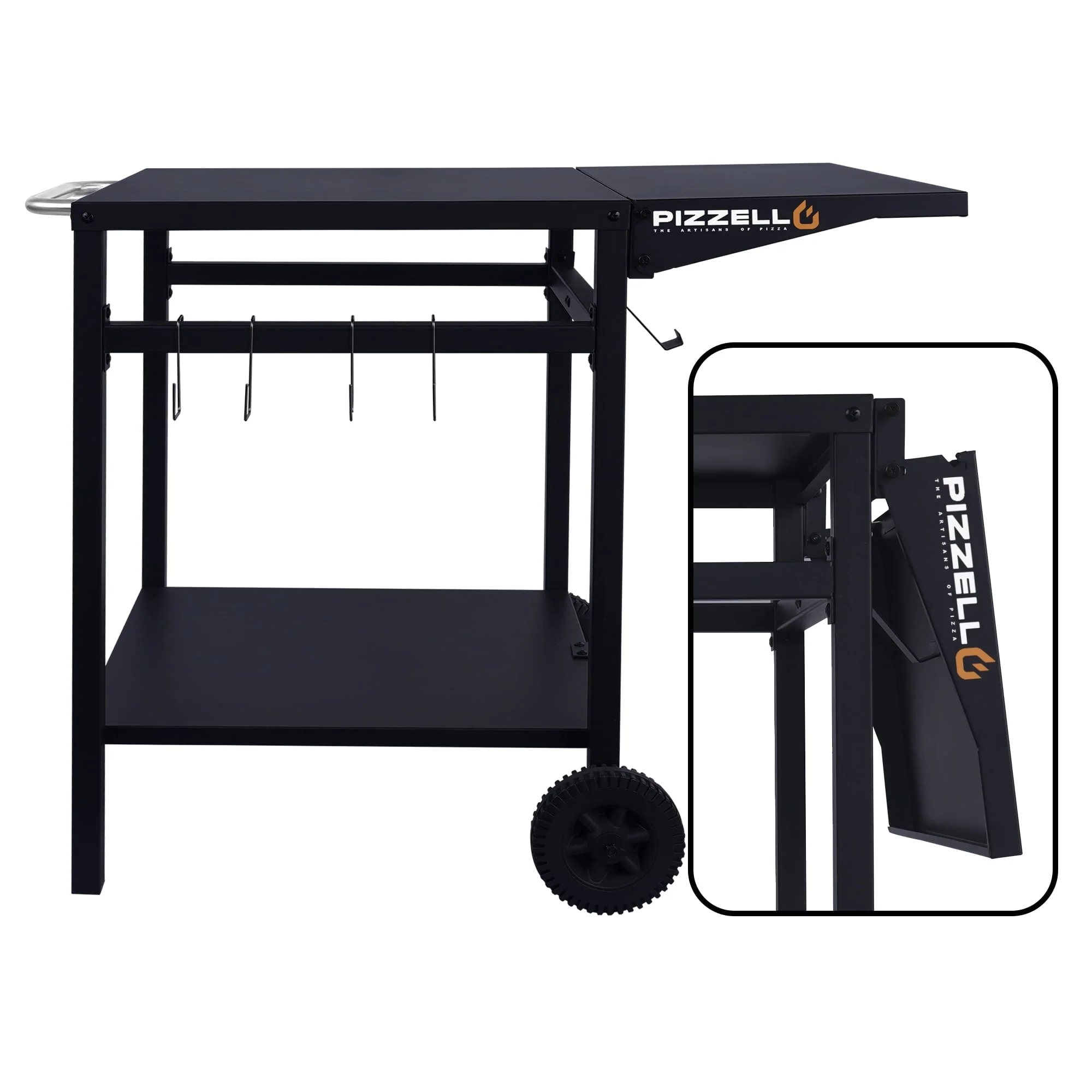 Outdoor Grill Pizza Oven Food Prep Bbq Cart Stand Table with Storage Wheels Expandable Countertop, Black(Black)