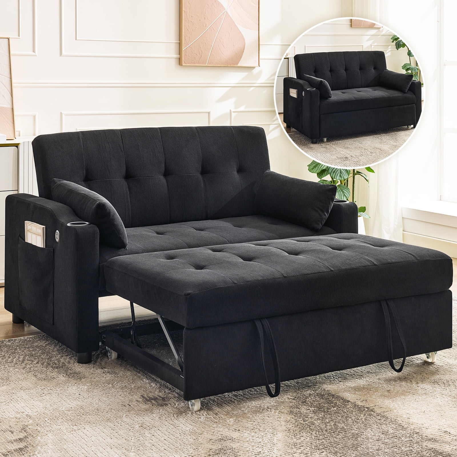 3 in 1 Convertible Sleeper Sofa Bed, Corduroy Futon Couches with Pull-Out Bed, Adjustable Backrest, Charging Port Side Pockets, Modern Upholstered Sofa for Living Room, Guest Room(Queen/Corduroy | Black) - Image 7