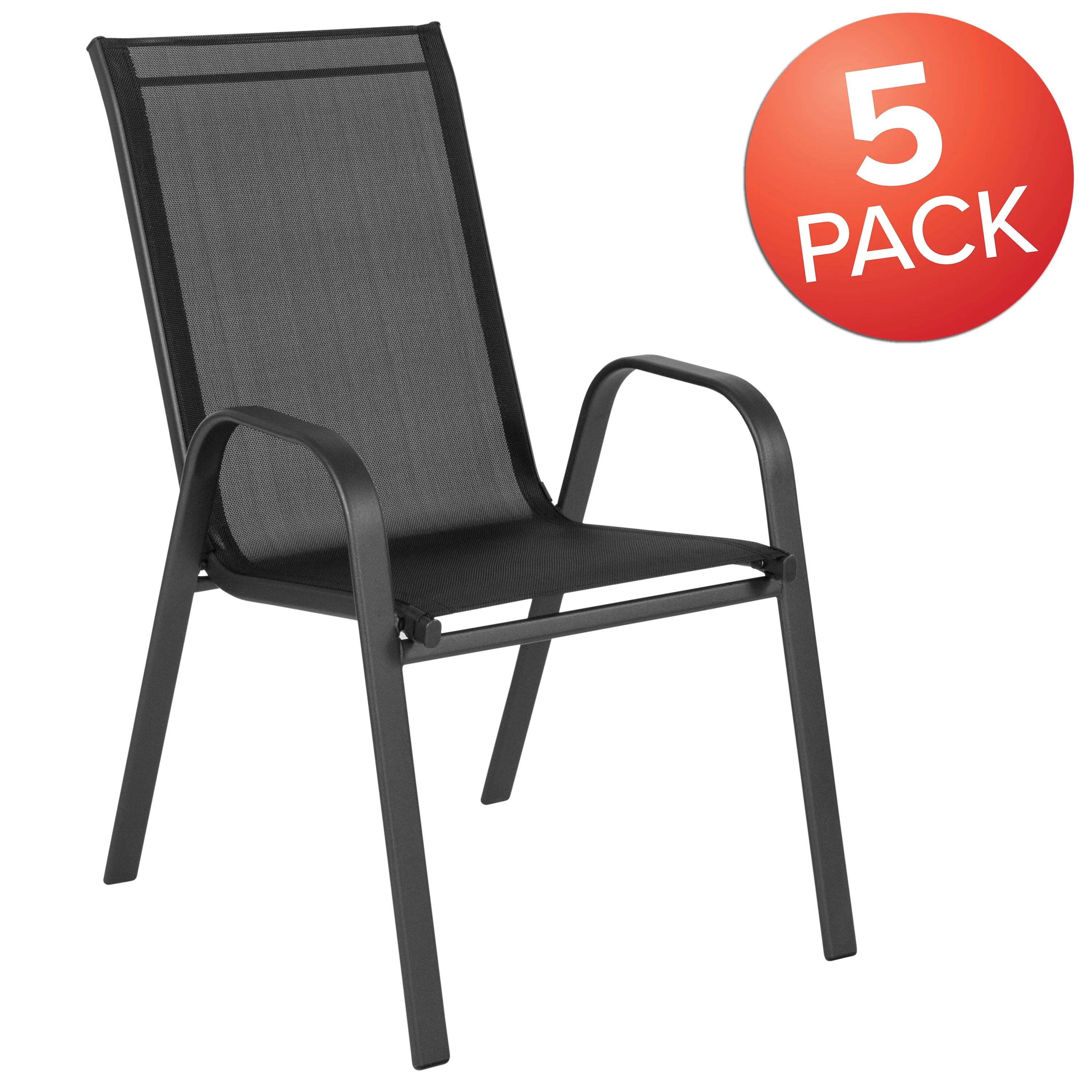 5 Pack Black Outdoor Stack Chair with Flex Comfort Material and Metal Frame(Black) Image 4
