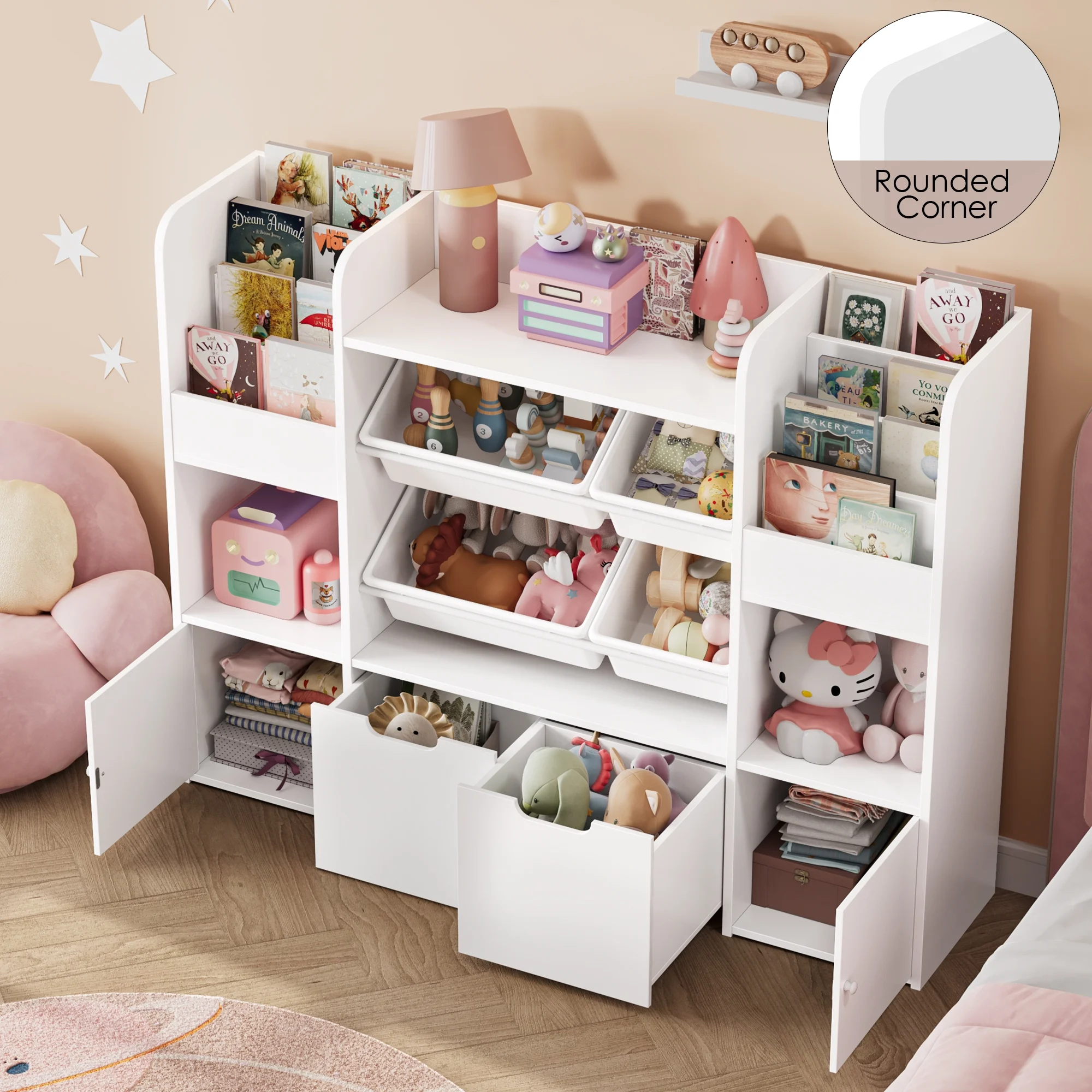 Kids Bookcase Toy Storage Organizer, Wooden Toy Organizer of 4 Bins 2 Removable Drawers for Home Bedroom, Kids Bookshelf Toy Box with Book Rack, White(White) - Image 10