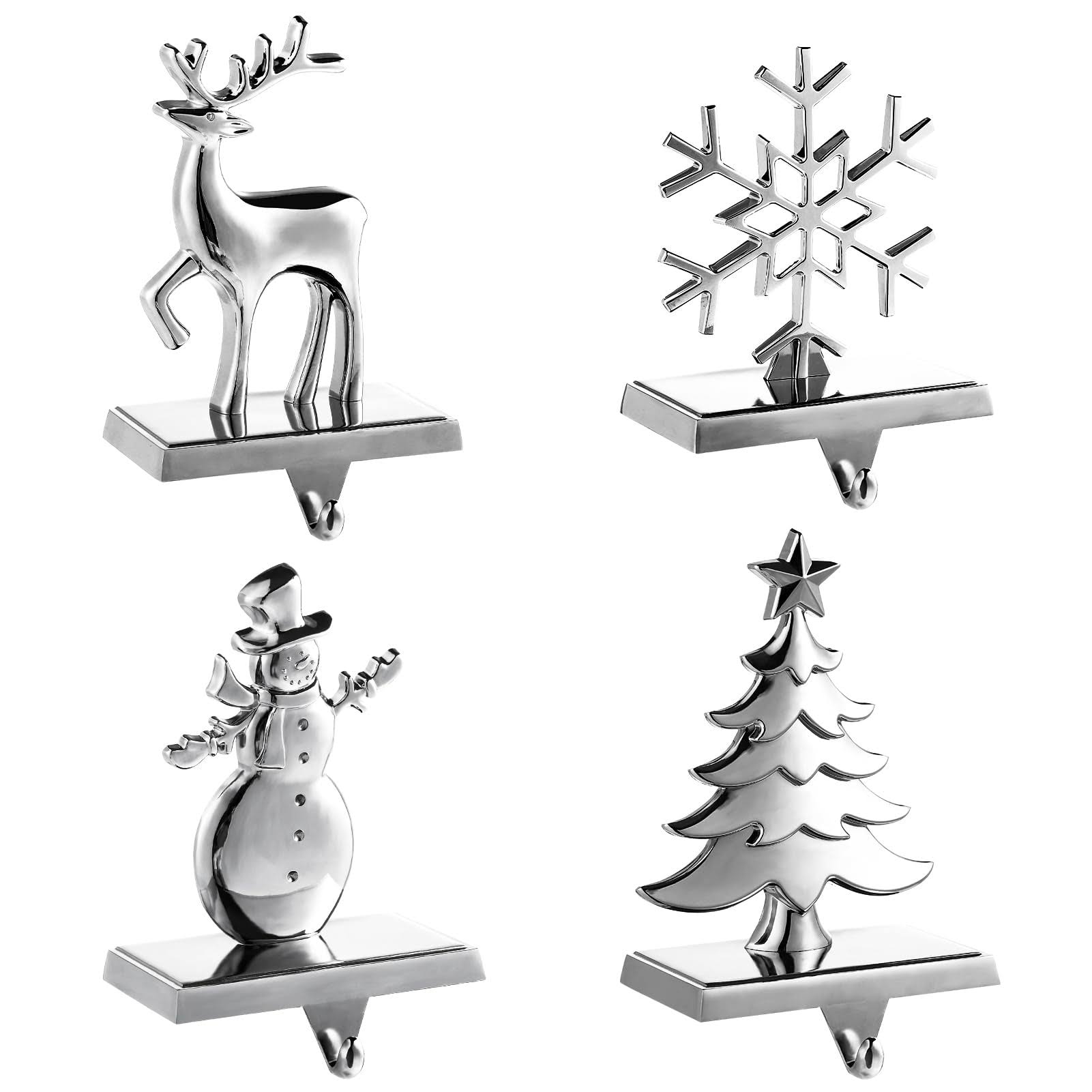 INCIKITI Christmas Stocking Holder for Mantel, Set of 4 Silver Snowflake, Reindeer, Tree and Snowman Stocking Holders, Metal Christmas Stocking Hangers for