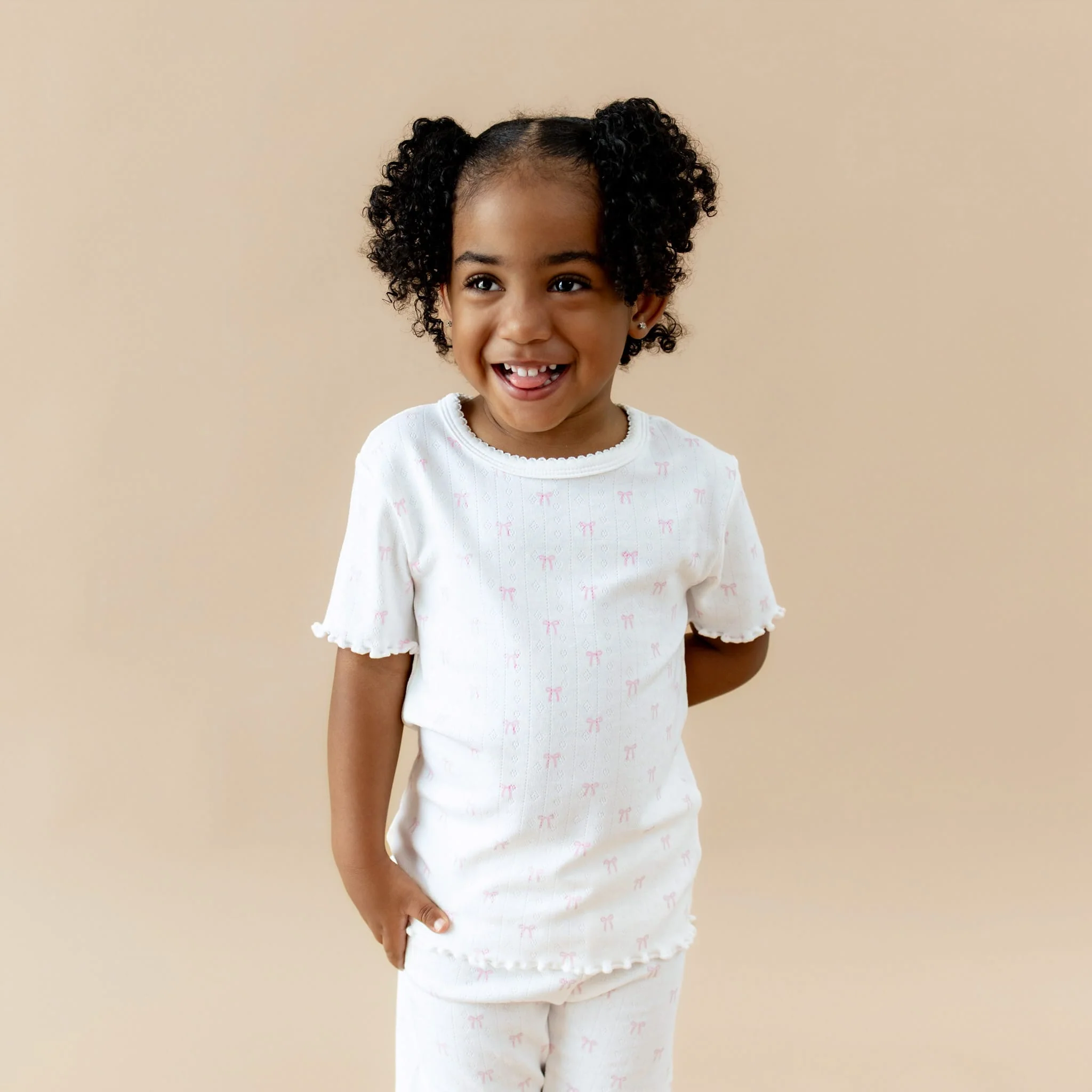 Pointelle Short Sleeve Set in Sweet Pink Bow