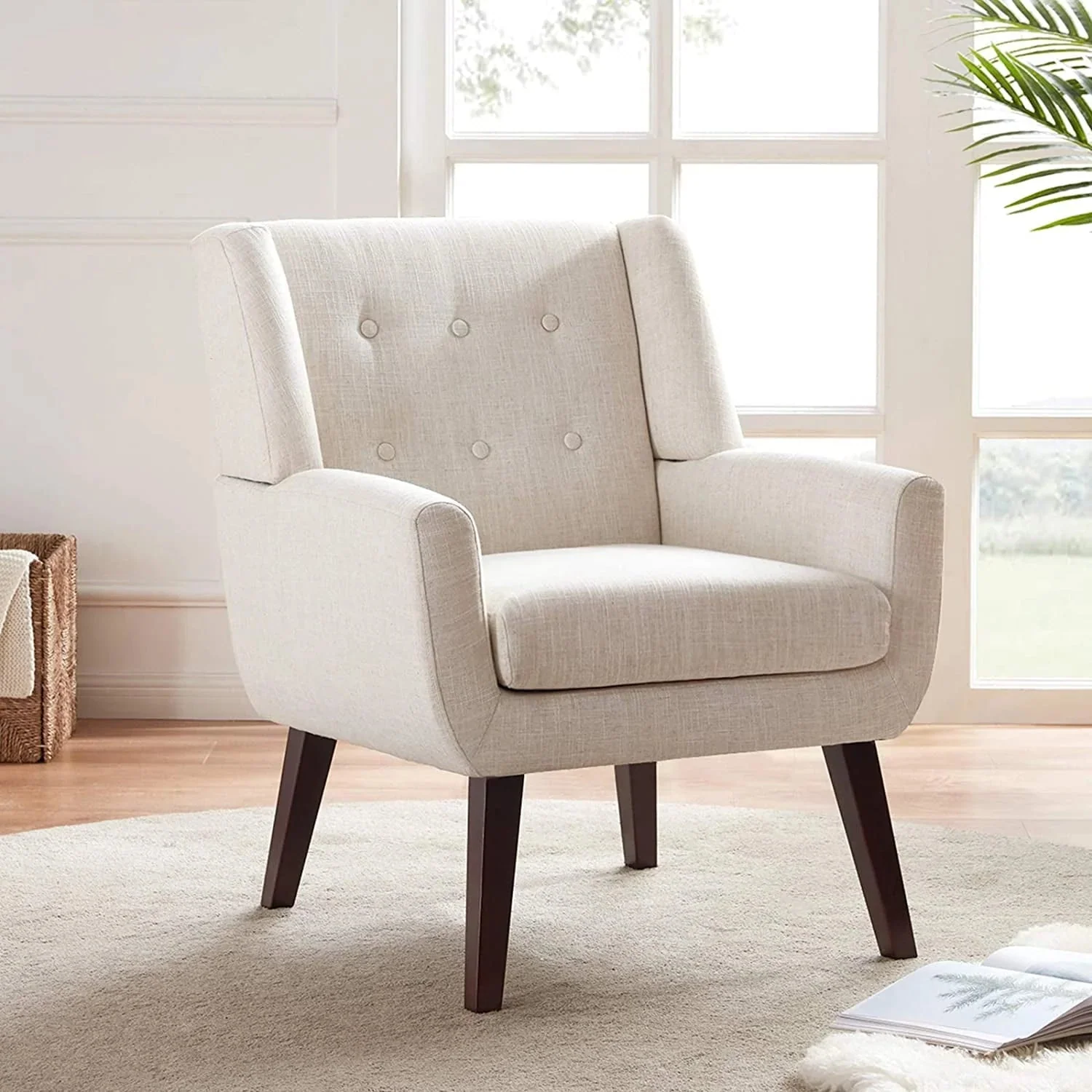 HUIMO Accent Chair, Button-Tufted Upholstered Living Room Chairs, Mid Century Modern Comfy Reading Chairs for Bedroom, Living Room, Beige