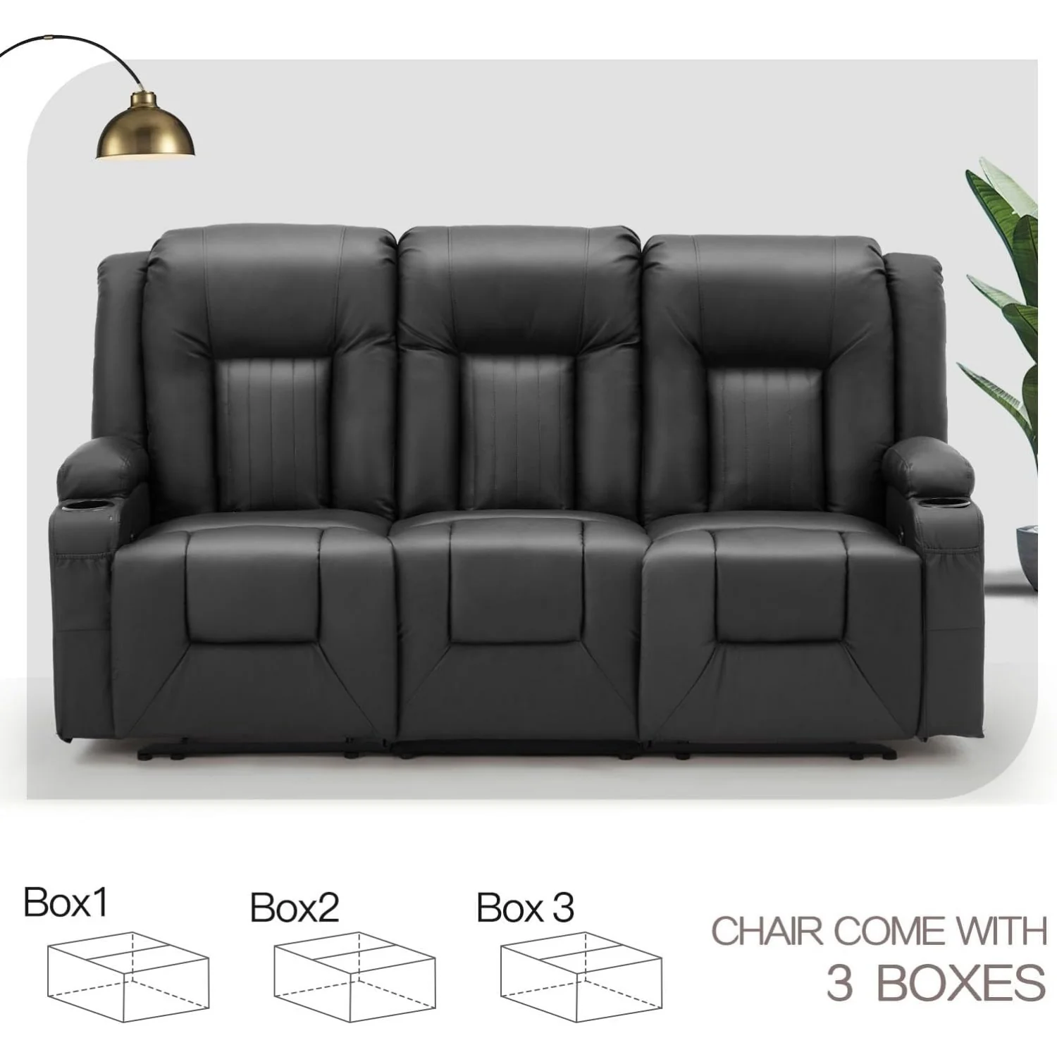 AECOJOY 3 Seater Reclining Sofa with 2 Cup Holders&Side Pockets, Black