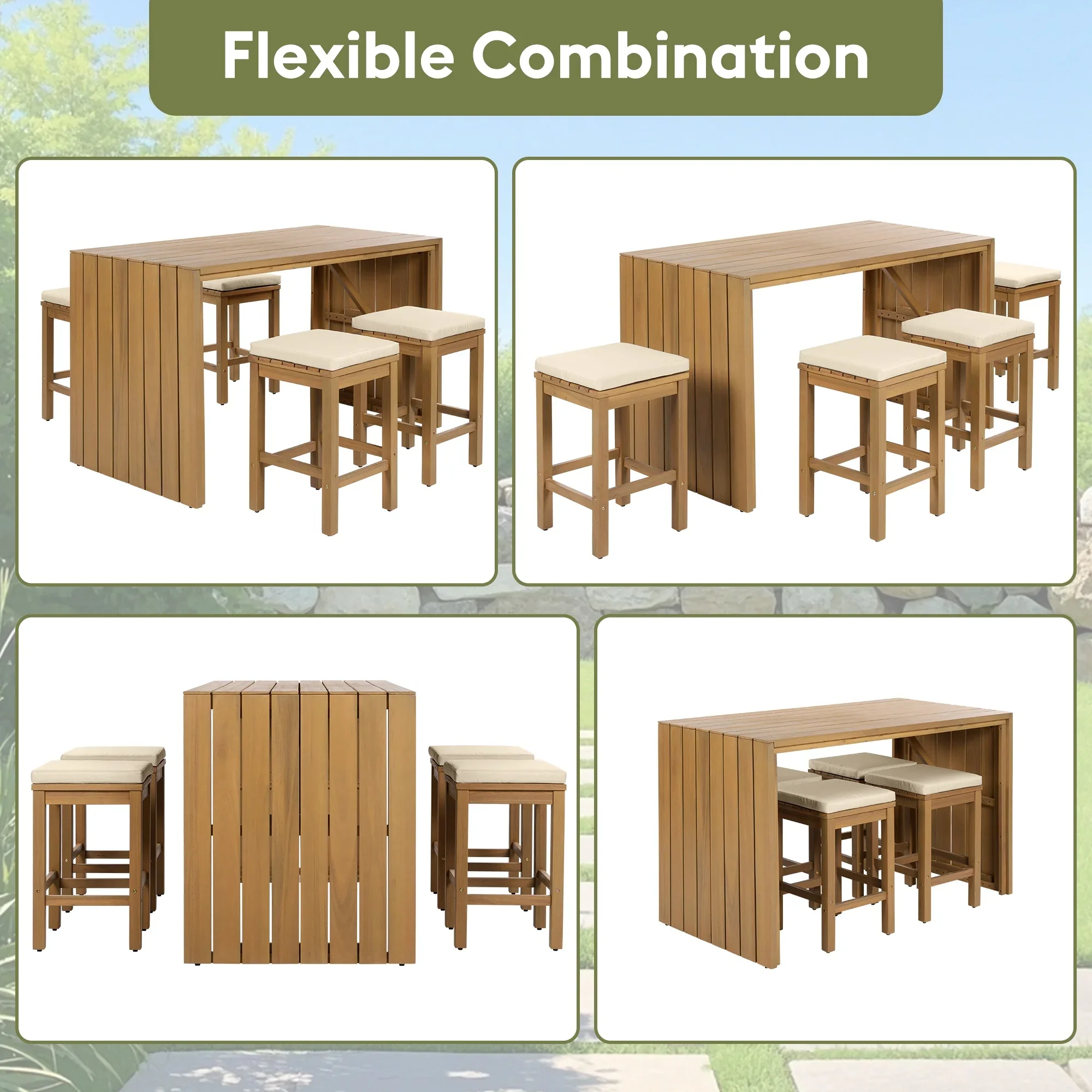 Bellemave 5-Piece Outdoor Bar Set Patio Acacia Wood Bar Height Table and Stools Dining Bar Set with Beige Cushion for Garden, Yard, Poolside