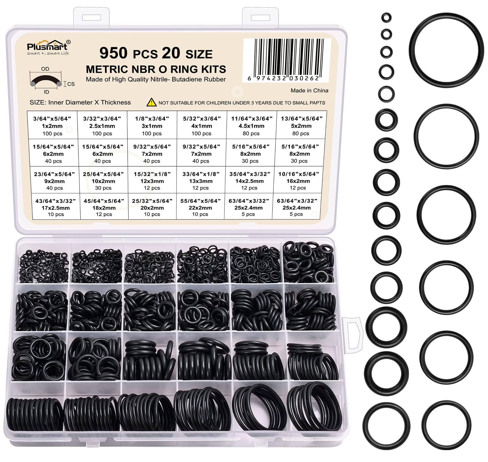 O Ring Kit, 950 Pcs Rubber O-Ring Assortment Kit, Plusmart 20 Sizes Washer Gasket Set for Pressure Washer, Plumbing Sealing Repair, Air or Gas