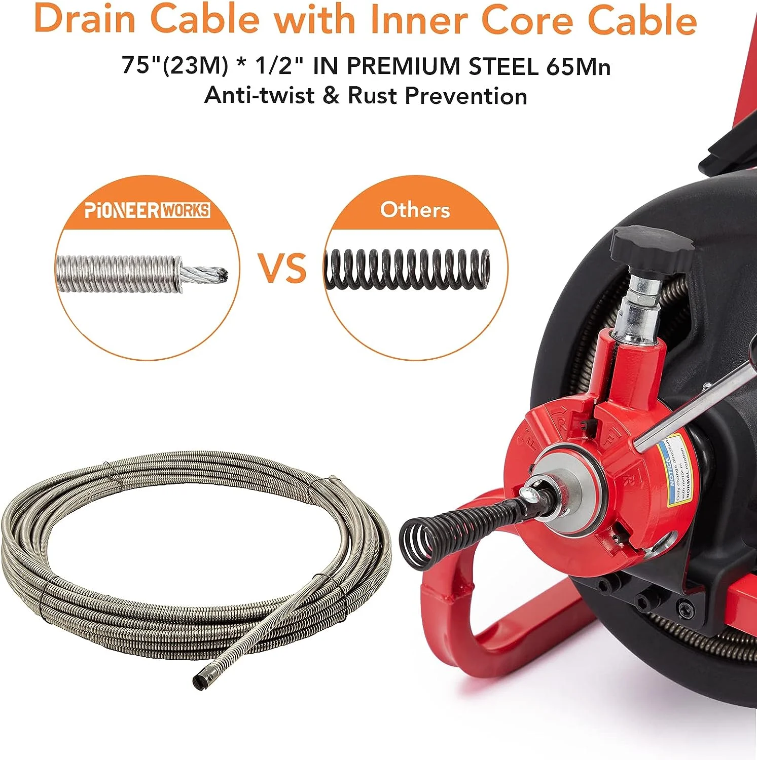 75Ft x 1/2 Inch Drain Cleaner Machine, Auto-feed Electric Drain Auger Professional for 2 to 4 Inch Pipes, with 6 Cutters, Glove, Drain Auger Cleaner Sewer Snake(75Ft x 1/2 Inch) - Image 3