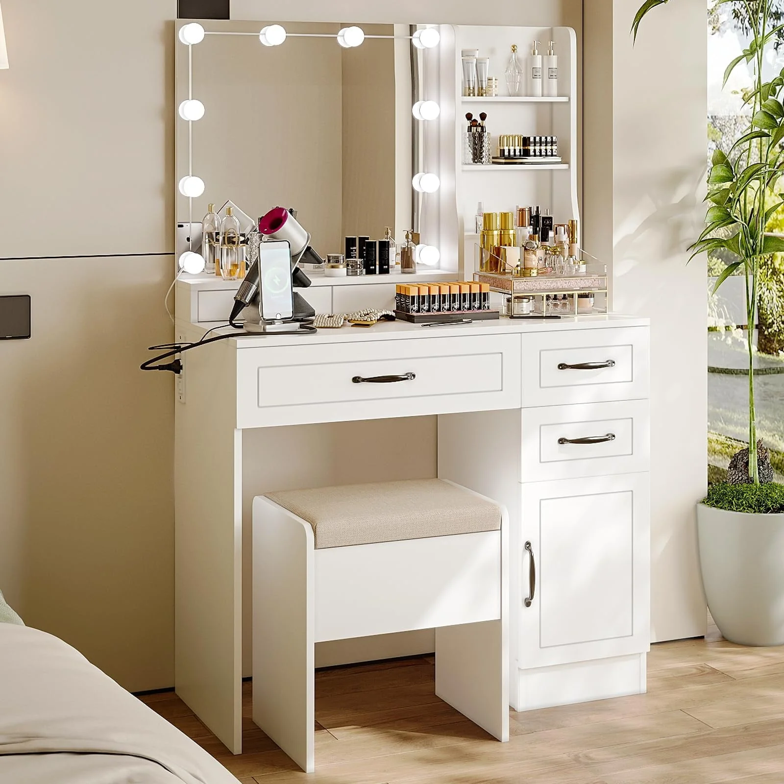 Makeup Vanity Table with Lighted Mirror Power Outlet Drawers and Cabinet for Bedroom White