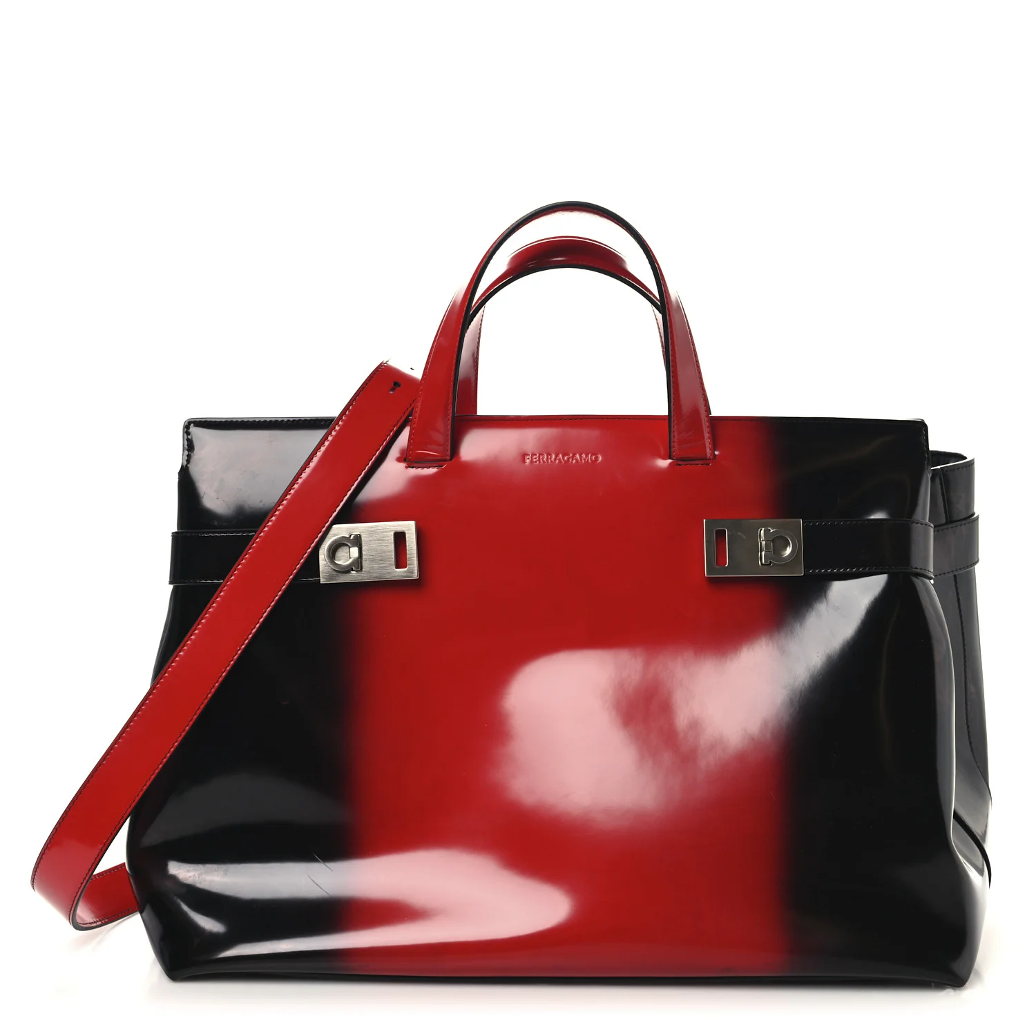 Smooth Airbrushed Calfskin XL Gancini Buckles Tote Bag Flame Red Black