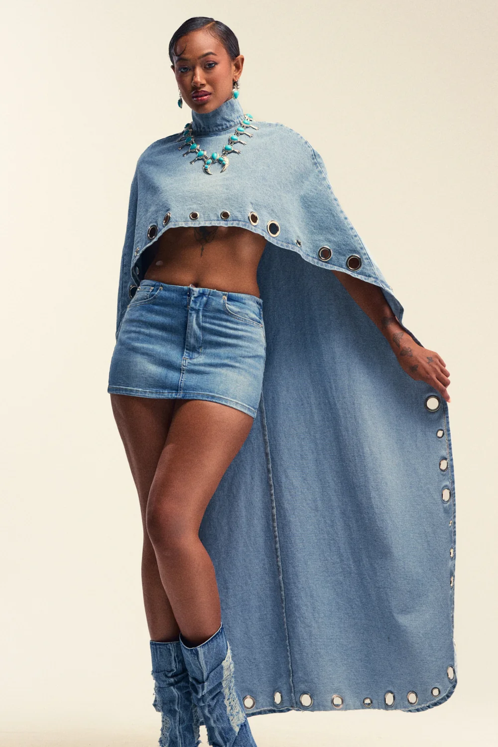 IN YOUR DREAMS DENIM CAPE WITH GROMMETS - Akira Store