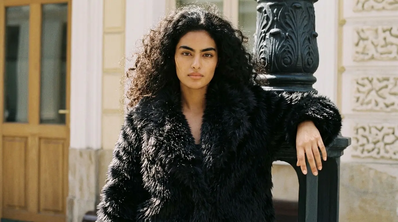 Woman wearing a black faux fur coat outdoors beside a decorative column