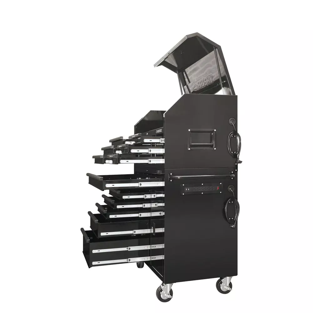 Coffre à outils et armoire combinés à 12 tiroirs, 104 cm de largeur, avec table d'appoint, noir brillant