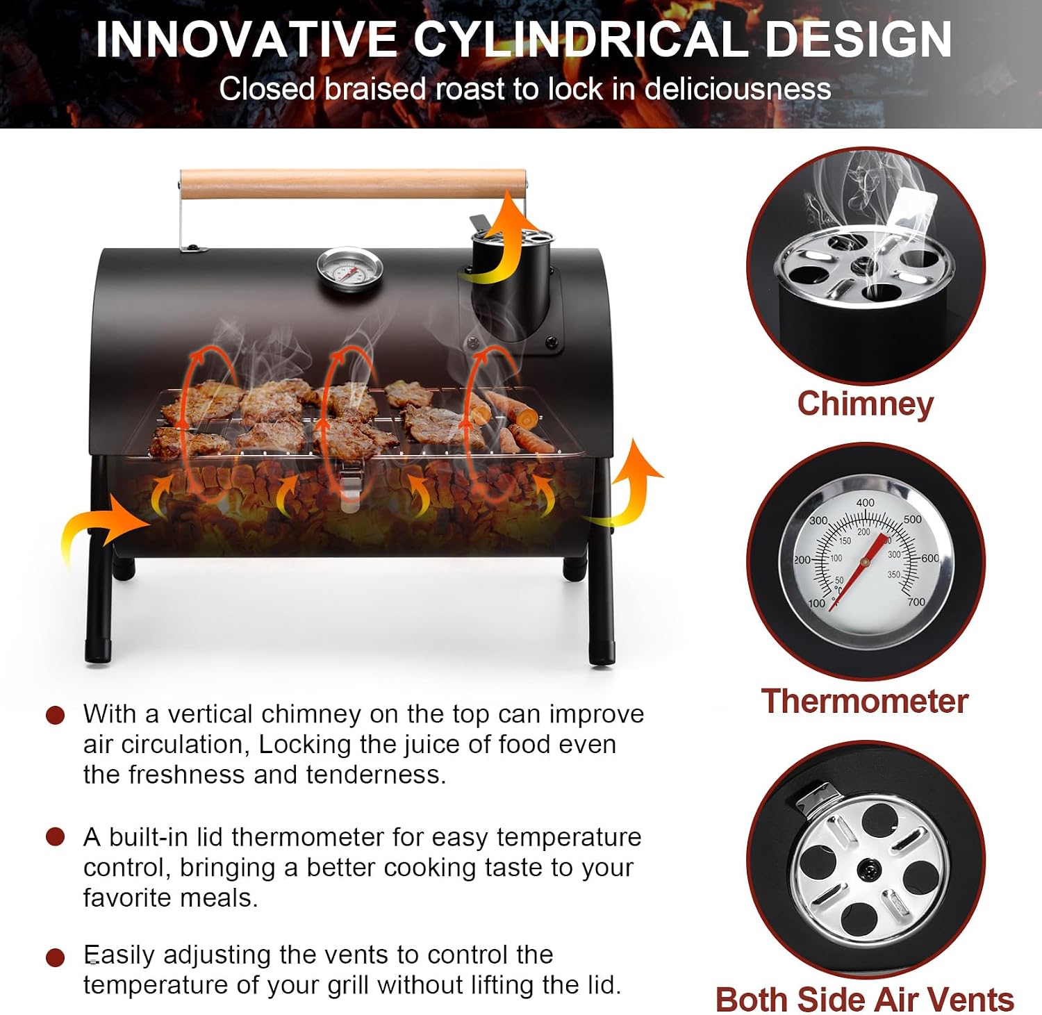 Joyfair Portable Charcoal Grill with Thermometer, Small BBQ Camping Grills