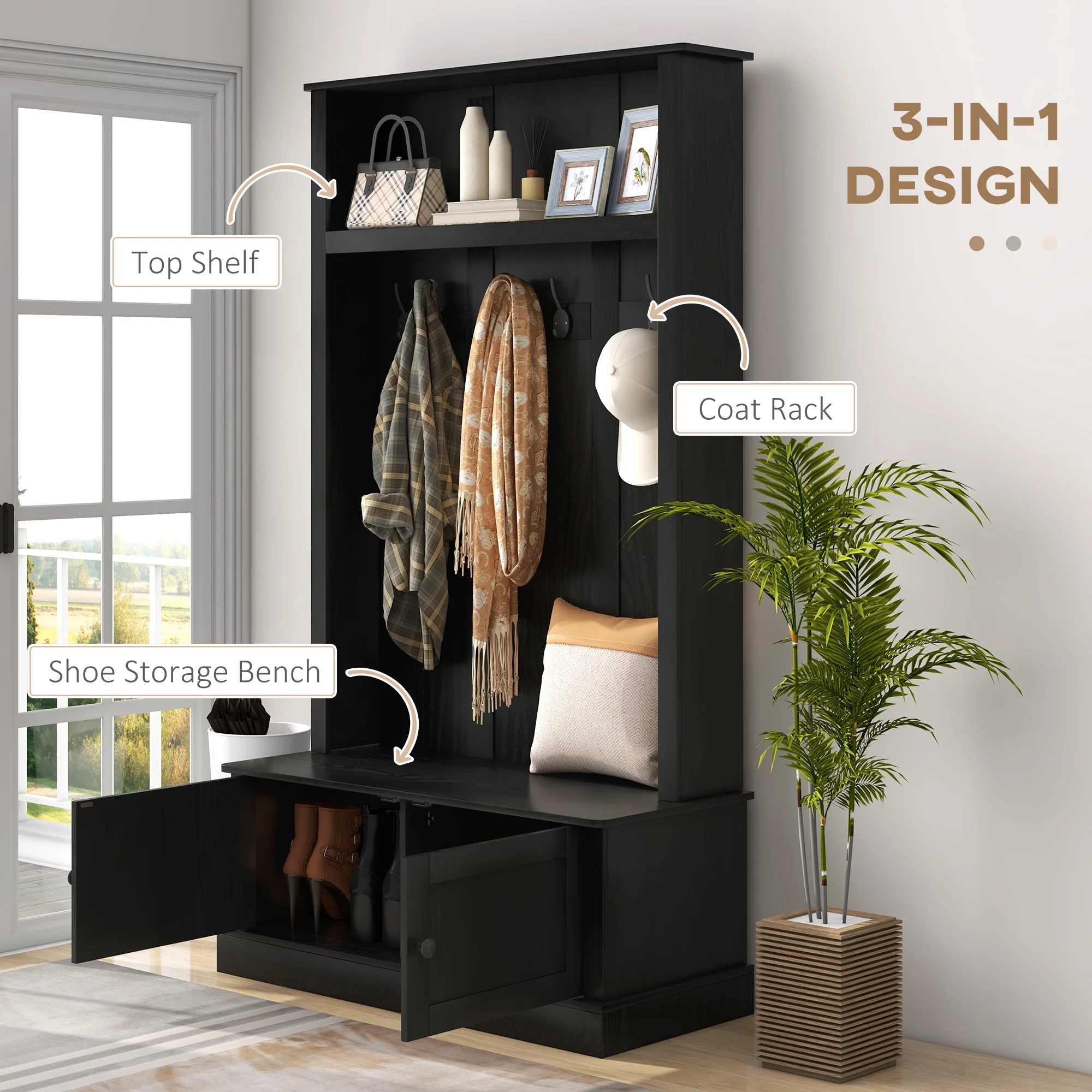Hall Tree, Entryway Bench w/ Coat Rack, Shoe Cabinet, Black(Black) - Image 4