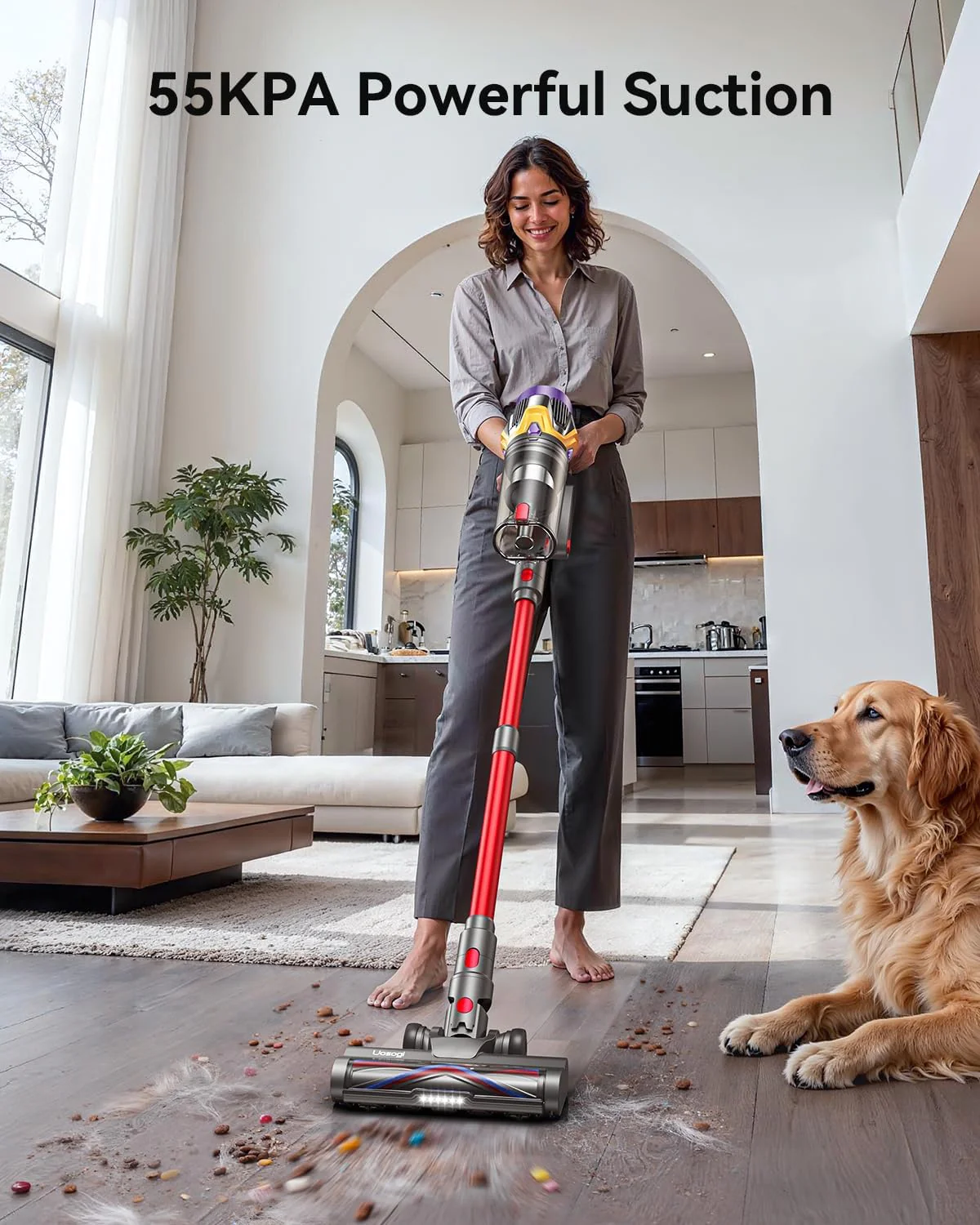 Aspirateur balai sans fil amélioré 55 kPa 650 W 70 min avec mode ouragan, autoportant, écran tactile, bac à poussière de 1,8 L, anti-enchevêtrement, idéal pour la maison, les poils d'animaux et les tapis.