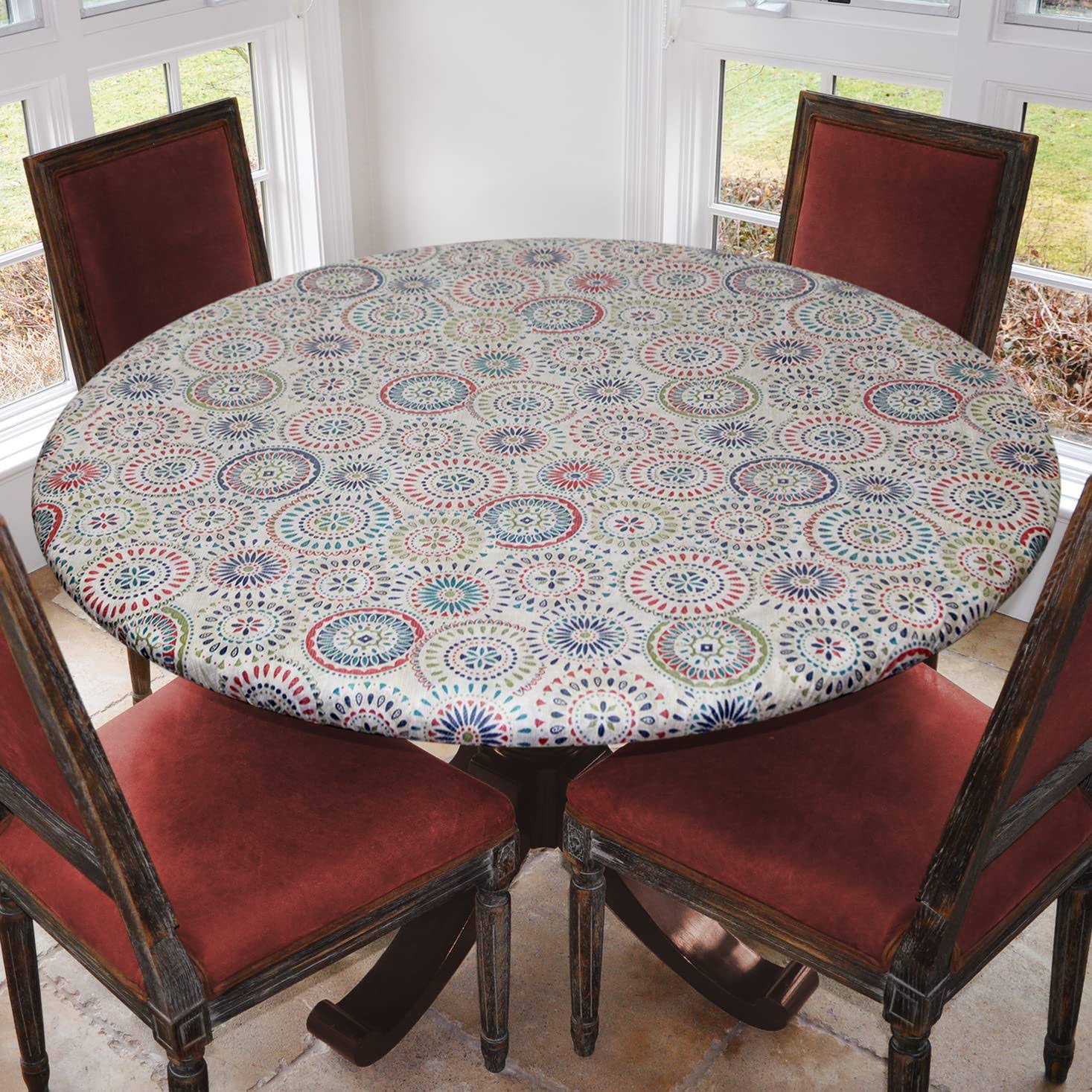 Covers for The Home Elastic Edged Flannel Backed Vinyl Fitted Table Cover - Multi-Color Geometric Pattern - Large Round - Fits T