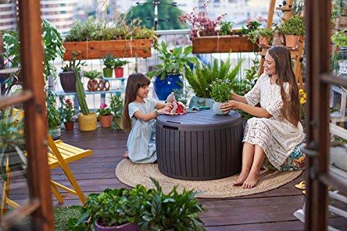 37 gallon Round Deck Box, Patio Table for Outdoor Cushion Storage, Brown