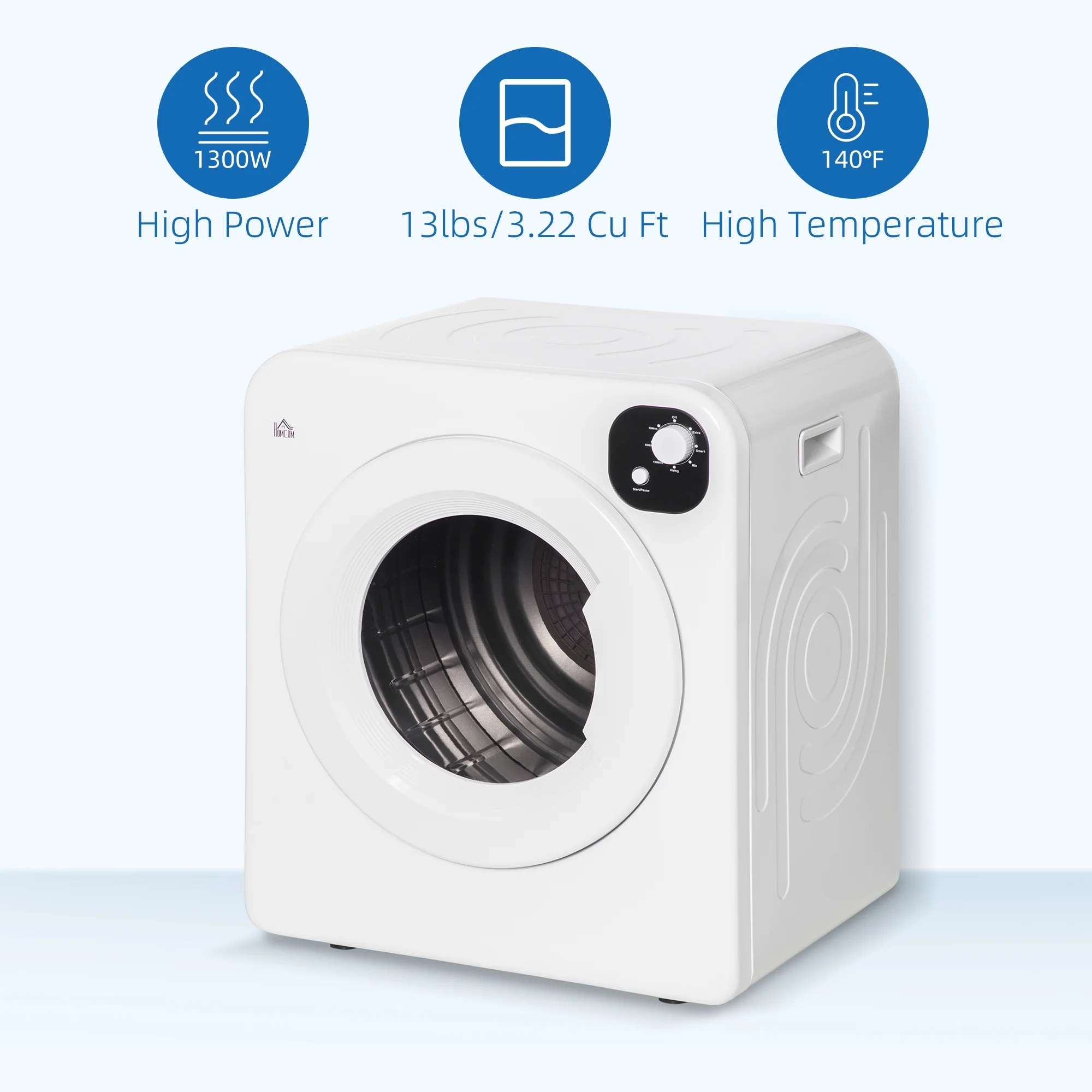 HOMCOM 1300W Compact Laundry Dryer with 3.2 Cuft Stainless Steel Drum White