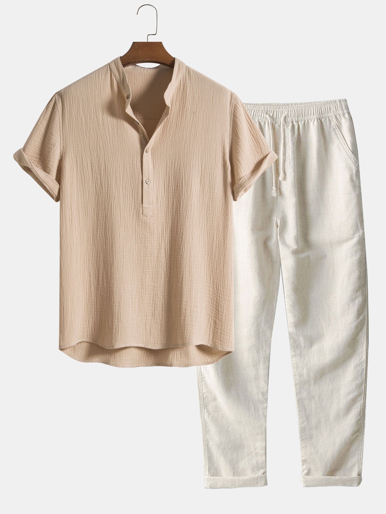 Chemise à col Henley en coton froissé, demi-patte de boutonnage ouverte, et pantalon droit en lin