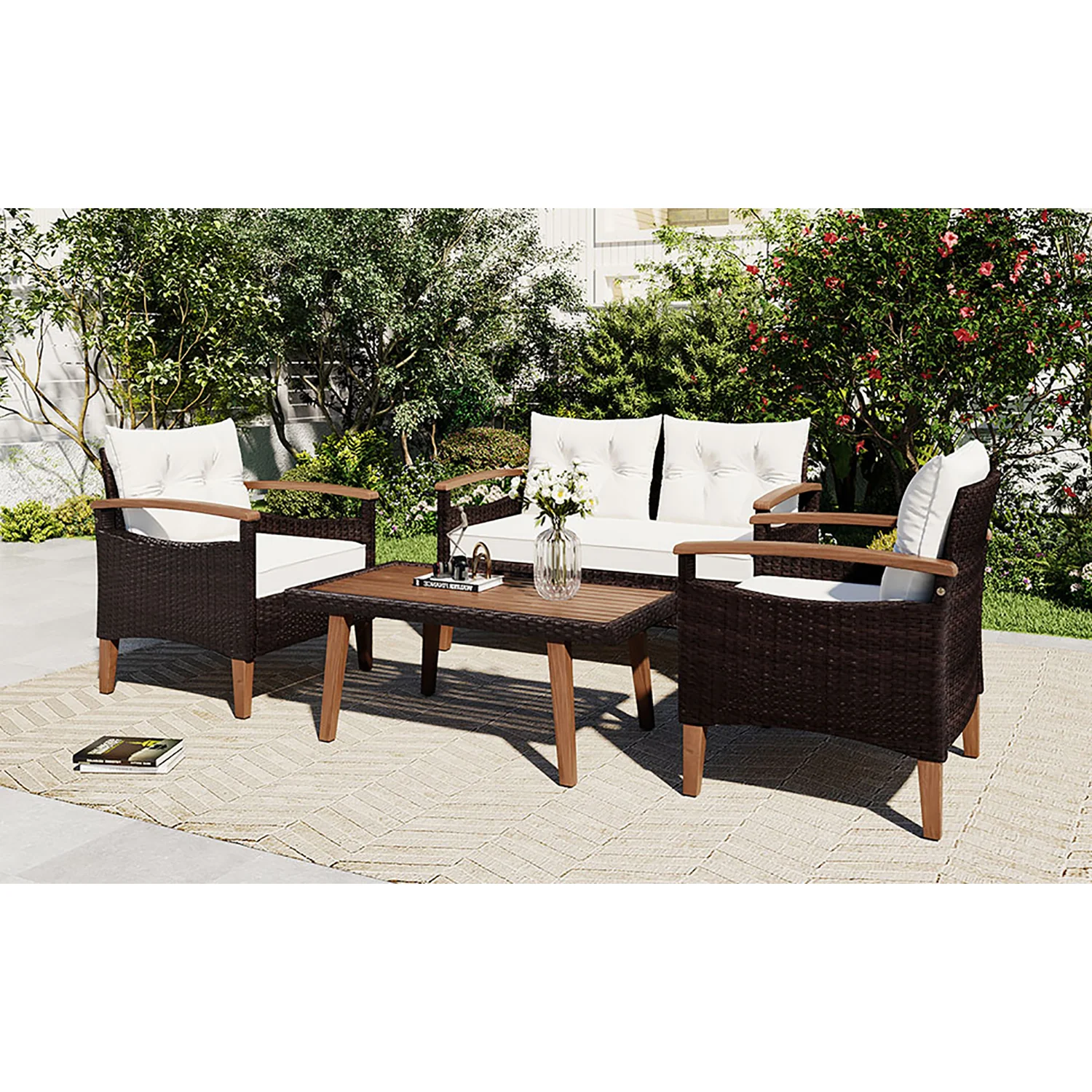 Topcobe Patio Seating Set with Cushions, 4-Piece Garden Furniture, Beige