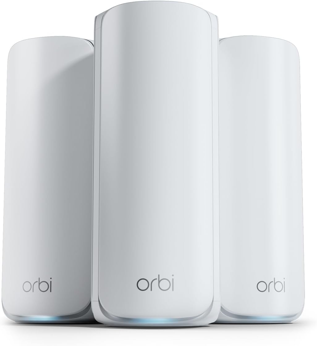 NETGEAR Orbi 770 Series Tri-Band WiFi 7 Mesh Network System (RBE773) - Router + 2 Satellite Extenders  Security Features  Up to 11Gbps  Covers up to 8 000 sq. ft.  100 Devices  2.5 Gig Internet Port