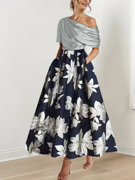 Robe de mère de la mariée à fleurs imprimées asymétrique en ligne A