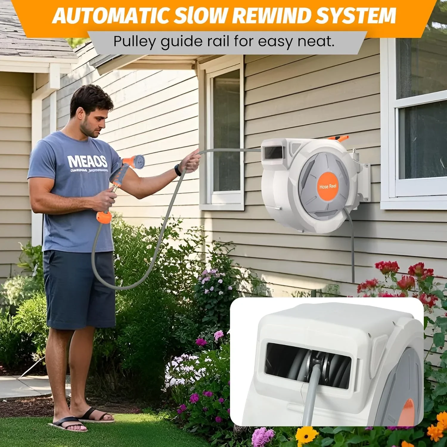 Auto-Retract Wall-Mounted Garden Hose Reel w/9-Pattern Nozzle, 180�� Swivel & Any-Length Lock, 600PSI Durable