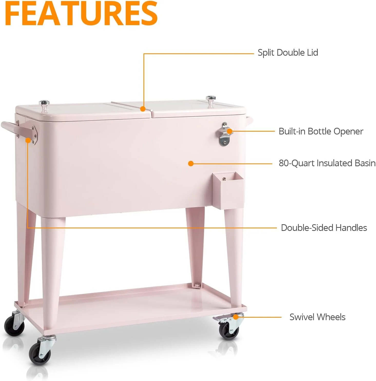 80 Quart Rolling Ice Chest, Portable Bar Drink Cooler with Catch Basin, Bottom Storage Tray and Bottle Opener for Patio Party BBQ Beach Activities(Pink) - Image 6